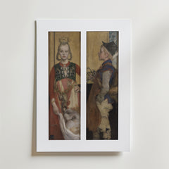 Bozetto "Carl Larsson A Swedish Fairy Tale Poster" har två paneler: till vänster, en krönt kvinna i folkdräkt med ett lamm; till höger, en pojke i rustika kläder och hatt som håller i en tupp. Inramat konstverk inspirerat av Carl Larssons stil.