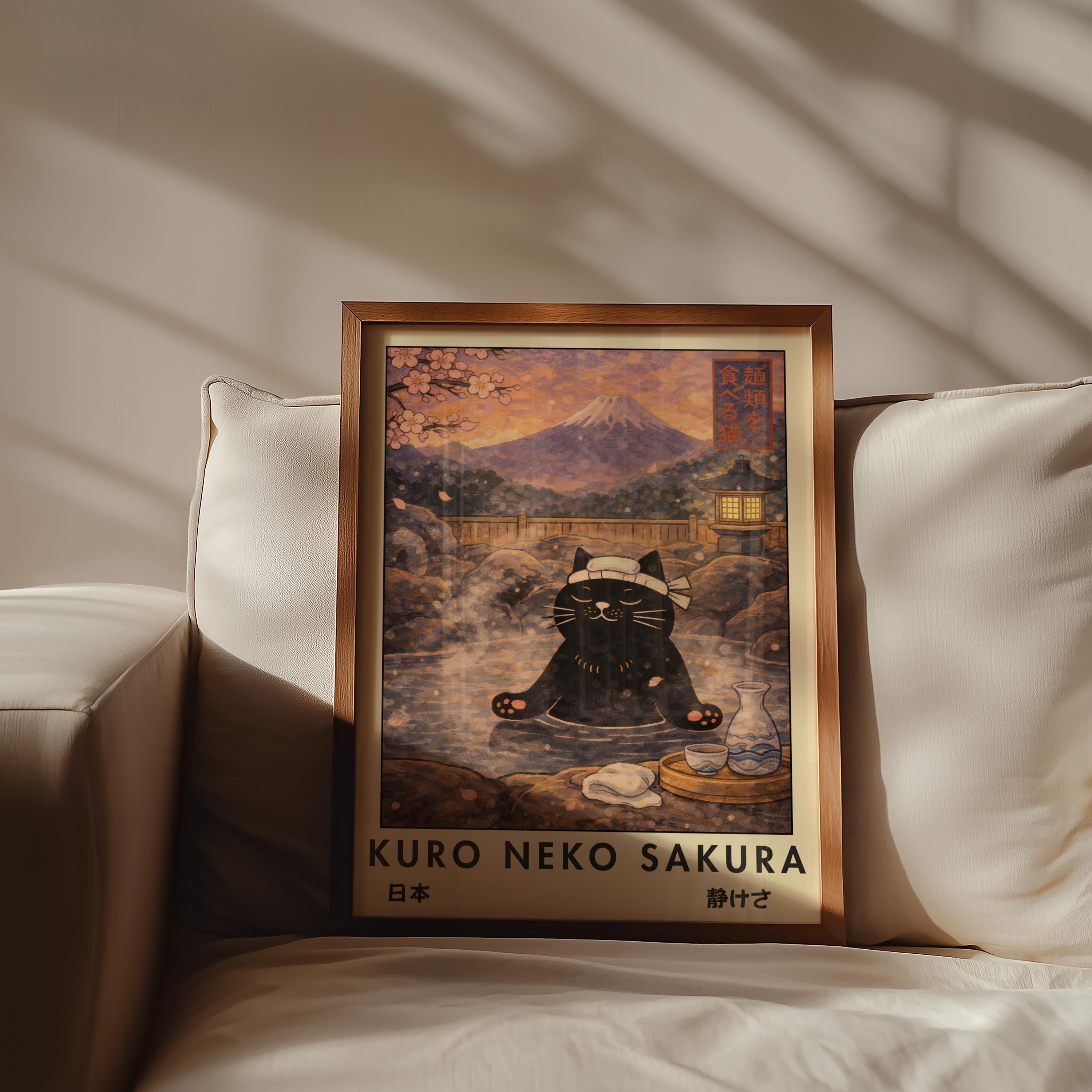 Kuro Neko Sakura Onsen Cat Poster