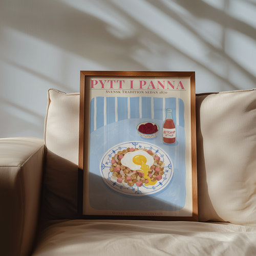 Väggmockup av Pytt i Panna affisch på ljus tegelvägg – Bozetto konsttryck i hög tryckkvalitet