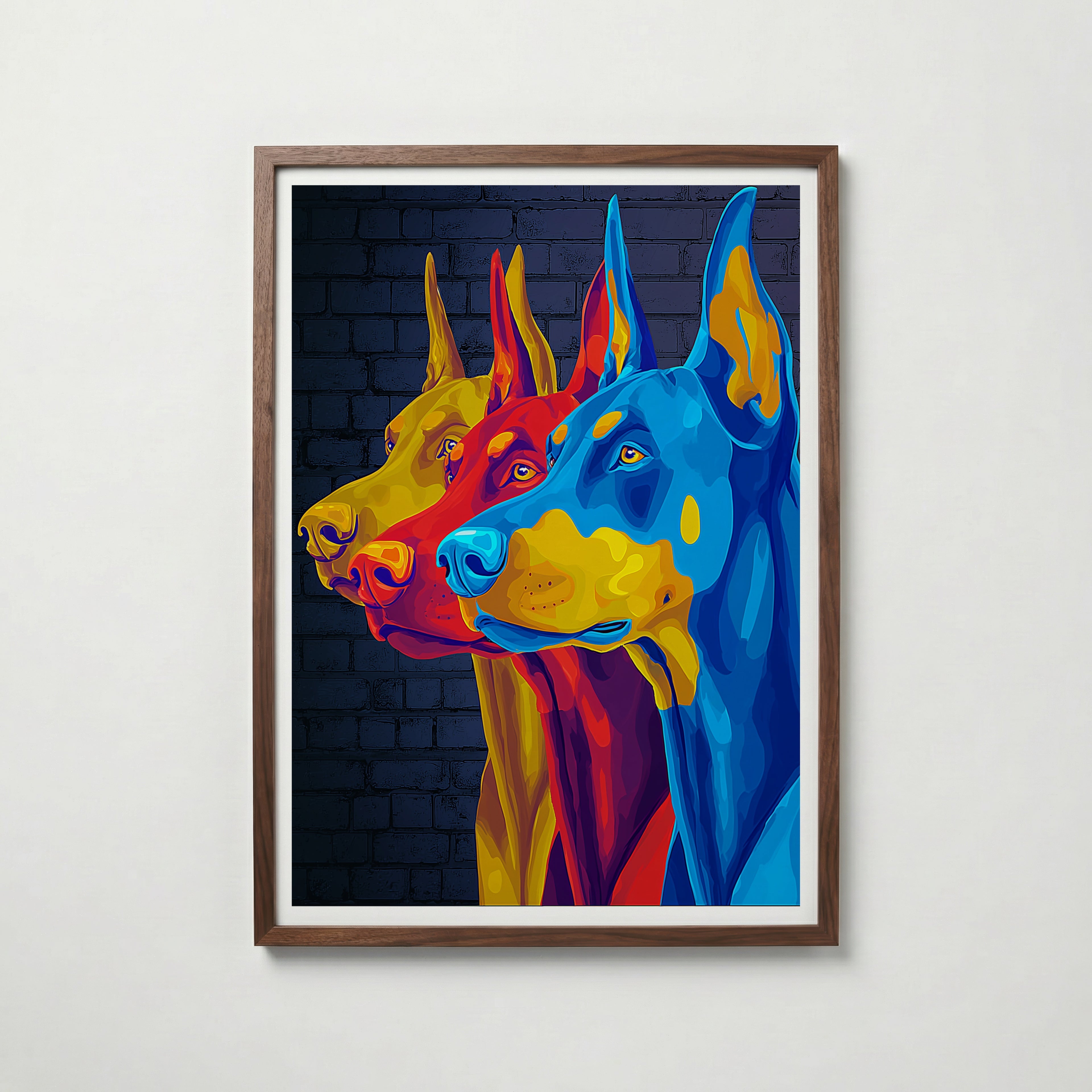 Pop Art Doberman i valnötsram med mörkt trä – köp enkelt hos Bozetto i hög kvalitet