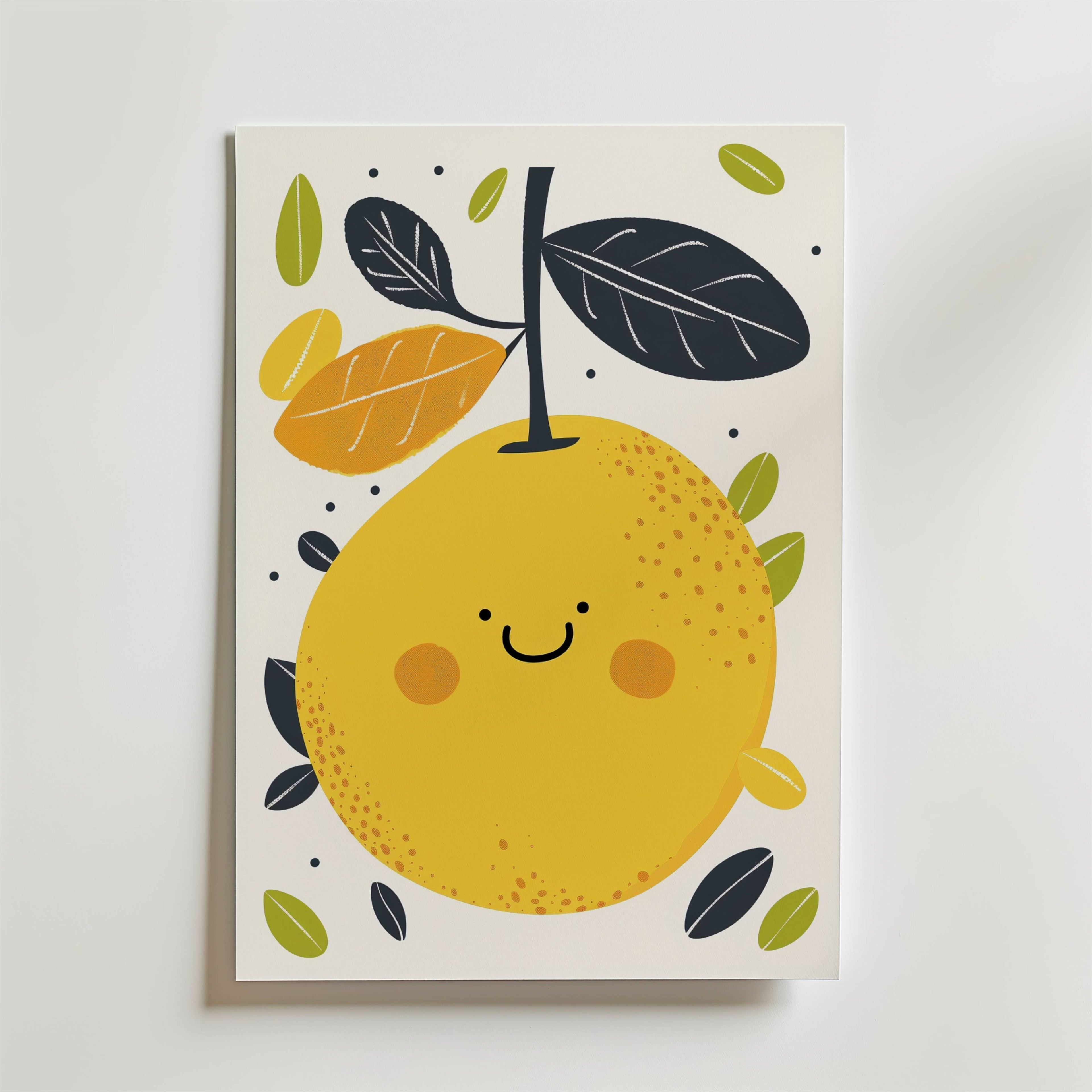 A cheerful illustration of no-9, a yellow fruit with a smiling face, surrounded by green and yellow leaves on a white background.