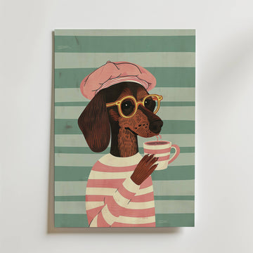 Parisian Pup Poster – En trendig och charmig poster med en tax i randig tröja, basker och solglasögon som