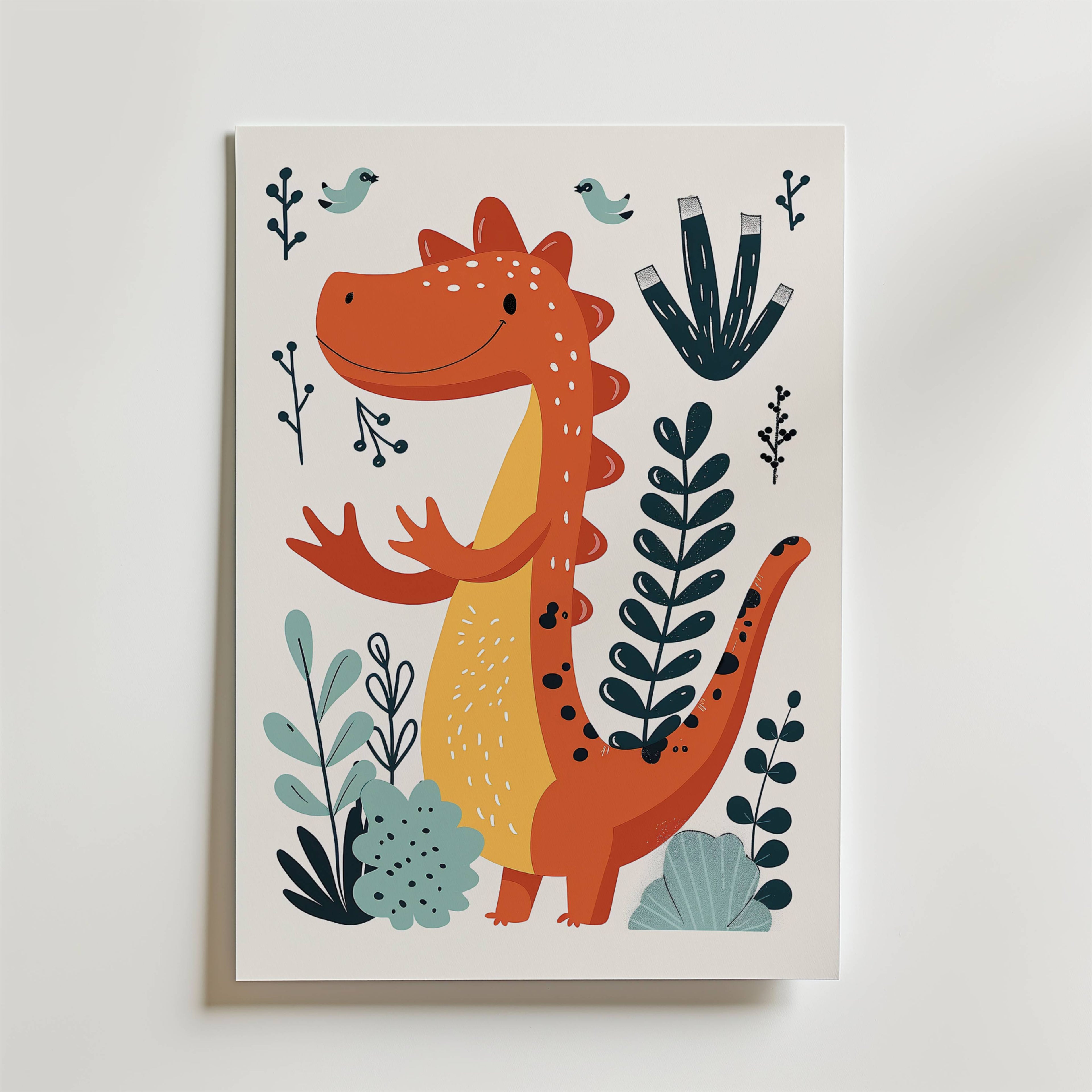 Friendly Dino Poster – En lekfull och färgglad poster med en glad orange dinosaurie omgiven av växter och små