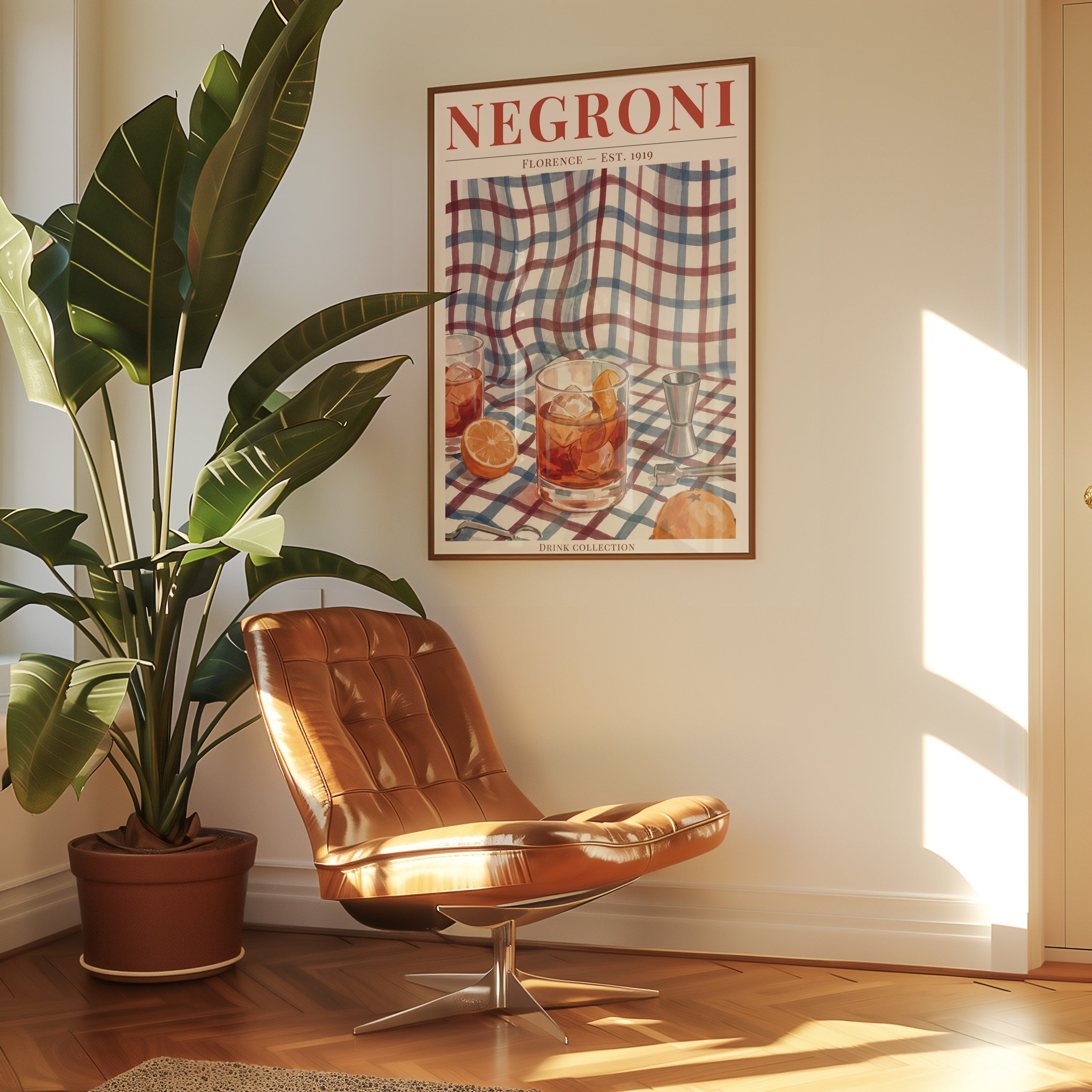 Negroni affisch i ljust minimalistiskt vardagsrum – köp enkelt hos Bozetto i hög kvalitet
