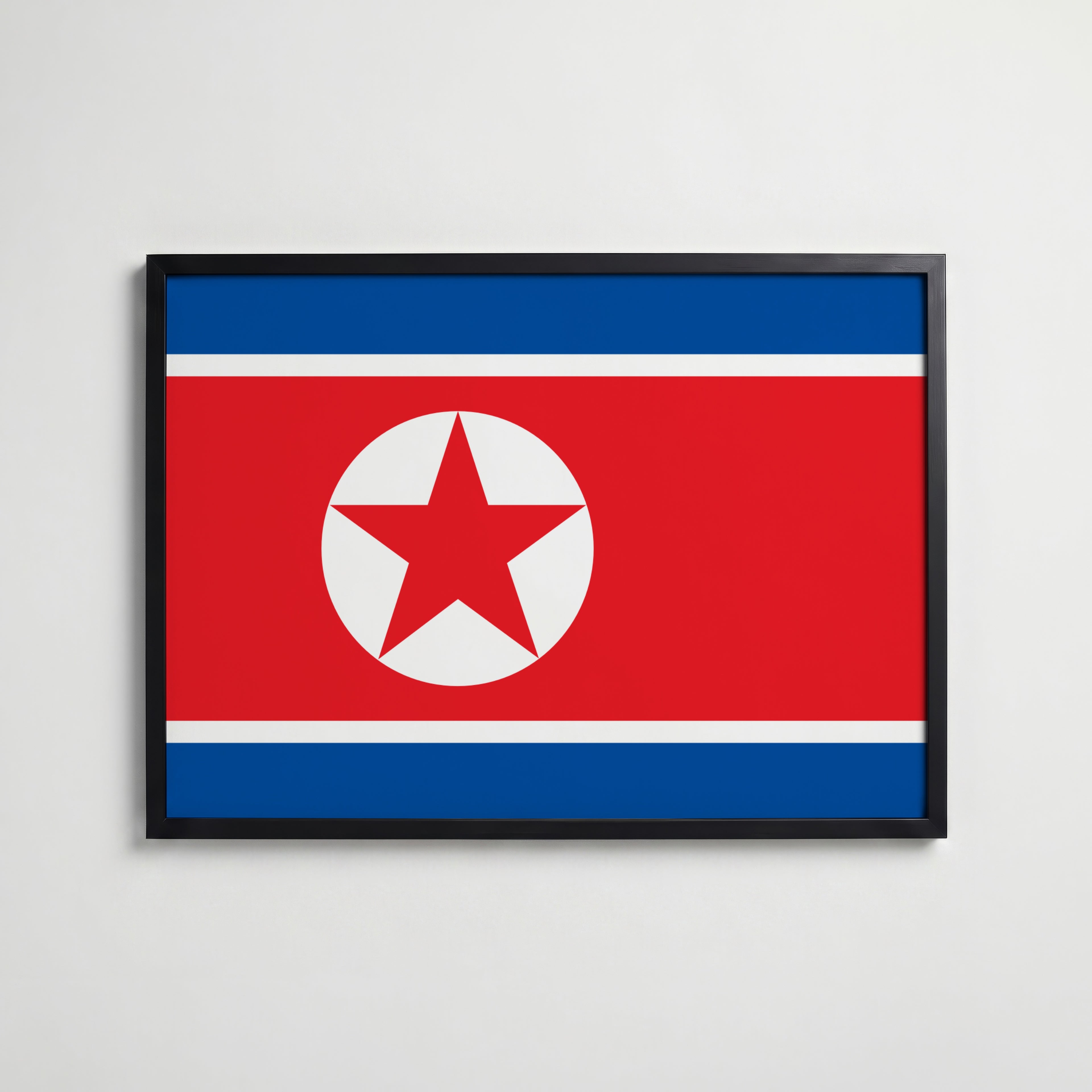 North Korea National Flag Poster i svart ram – stilren konsttryck som väggdekor från Bozetto