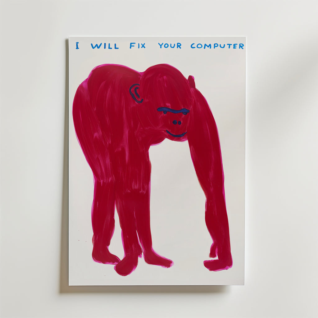 Computer Fix Gorilla Poster – En rosa gorilla som lovar att laga din dator – en bild lika lekfull som tankeväckande.