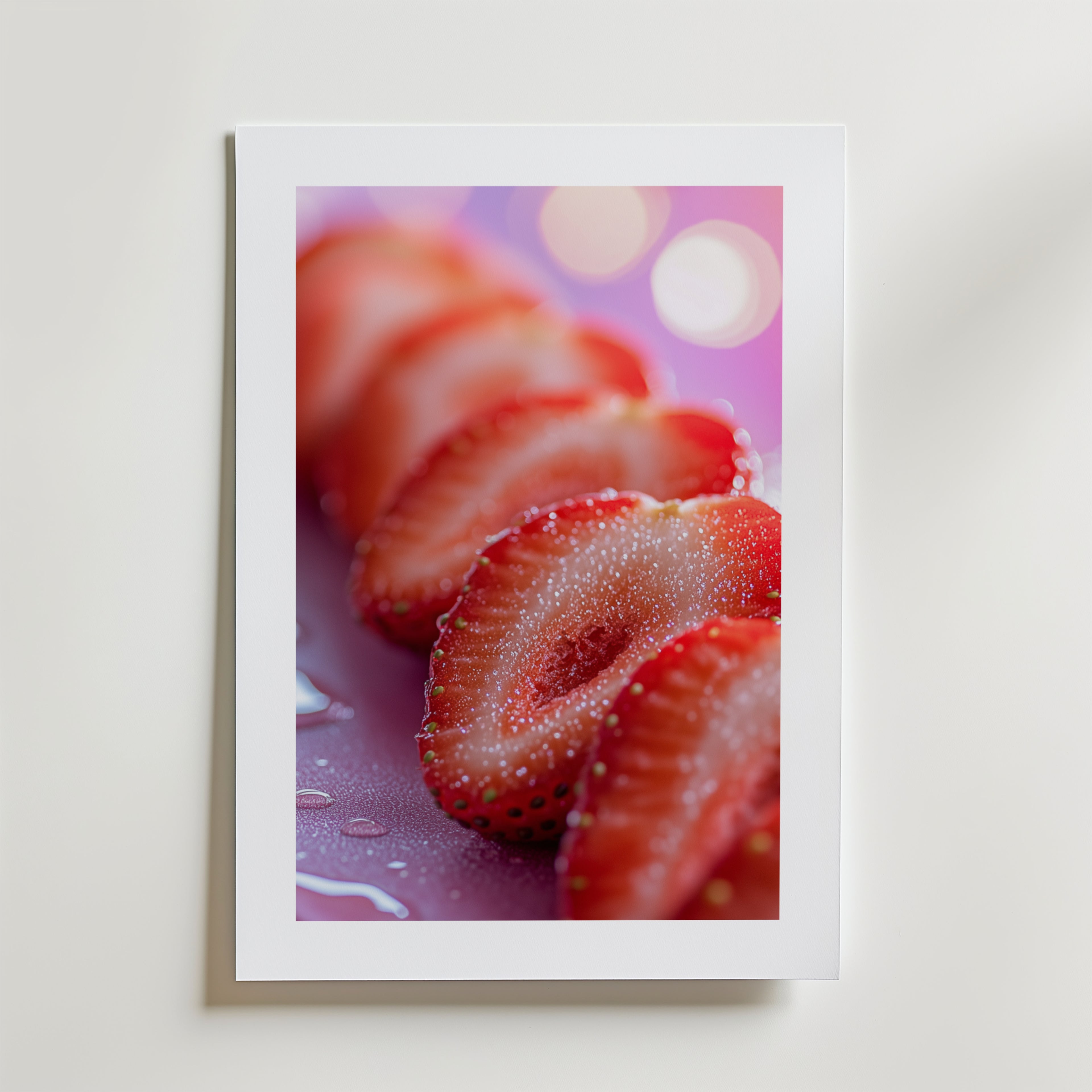 En närbild av färska, skivade jordgubbar med vattendroppar på en mjuk rosa bakgrund finns på Bozetto Sweet Slice Poster. Tryckt med en vit kant på exklusivt premiumpapper skapar den en harmonisk atmosfär.
