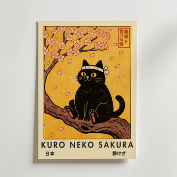 Kuro Neko Sakura Cat Poster – En svart katt sitter stilla på en gren omgiven av mjuka körsbärsblommor som sakta faller