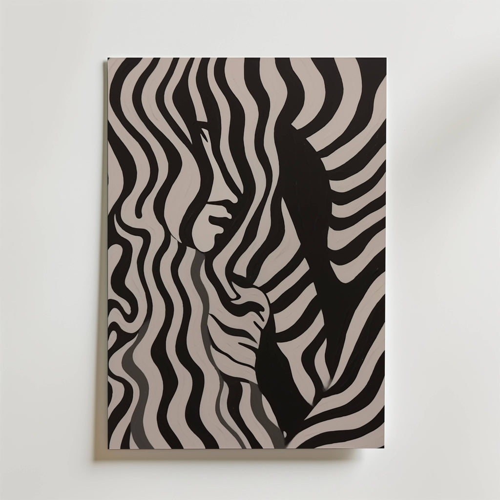 Abstract Silhouette Poster – En svartvit poster med vågformade linjer som bildar en subtil kvinnlig profil – elegant,