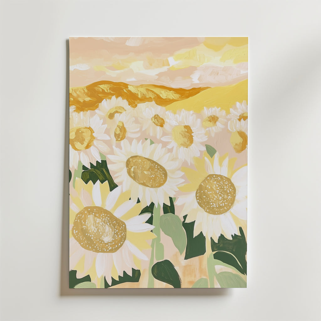 Postern Sunlit Poppies från Bozetto har livfulla gula och vita vallmor, gyllene kullar och en pastellfärgad himmel, tryckt på premiumpapper - perfekt för dig som gillar ljusa, solbelysta landskap.