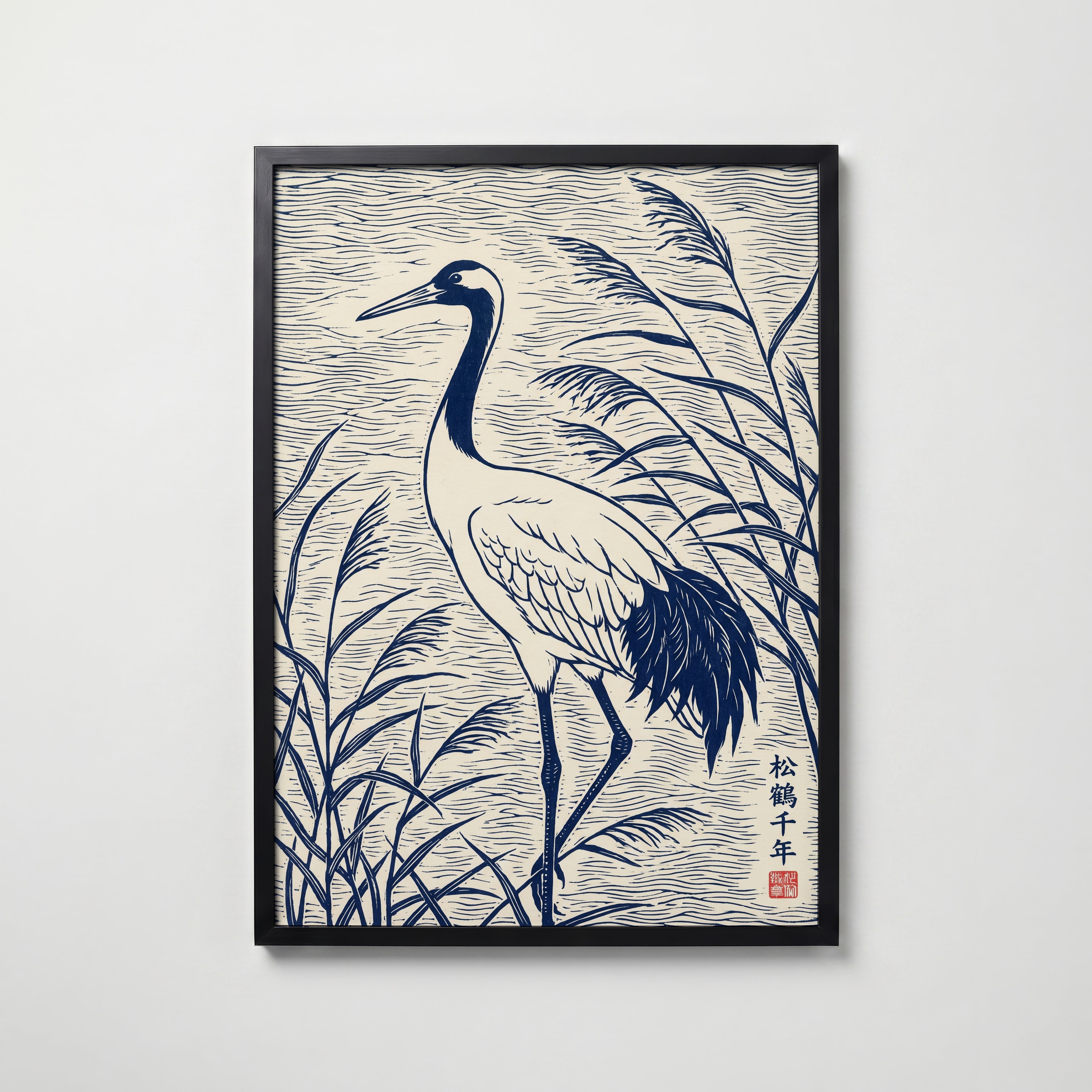 Blue Crane Linocut Poster – svart ram