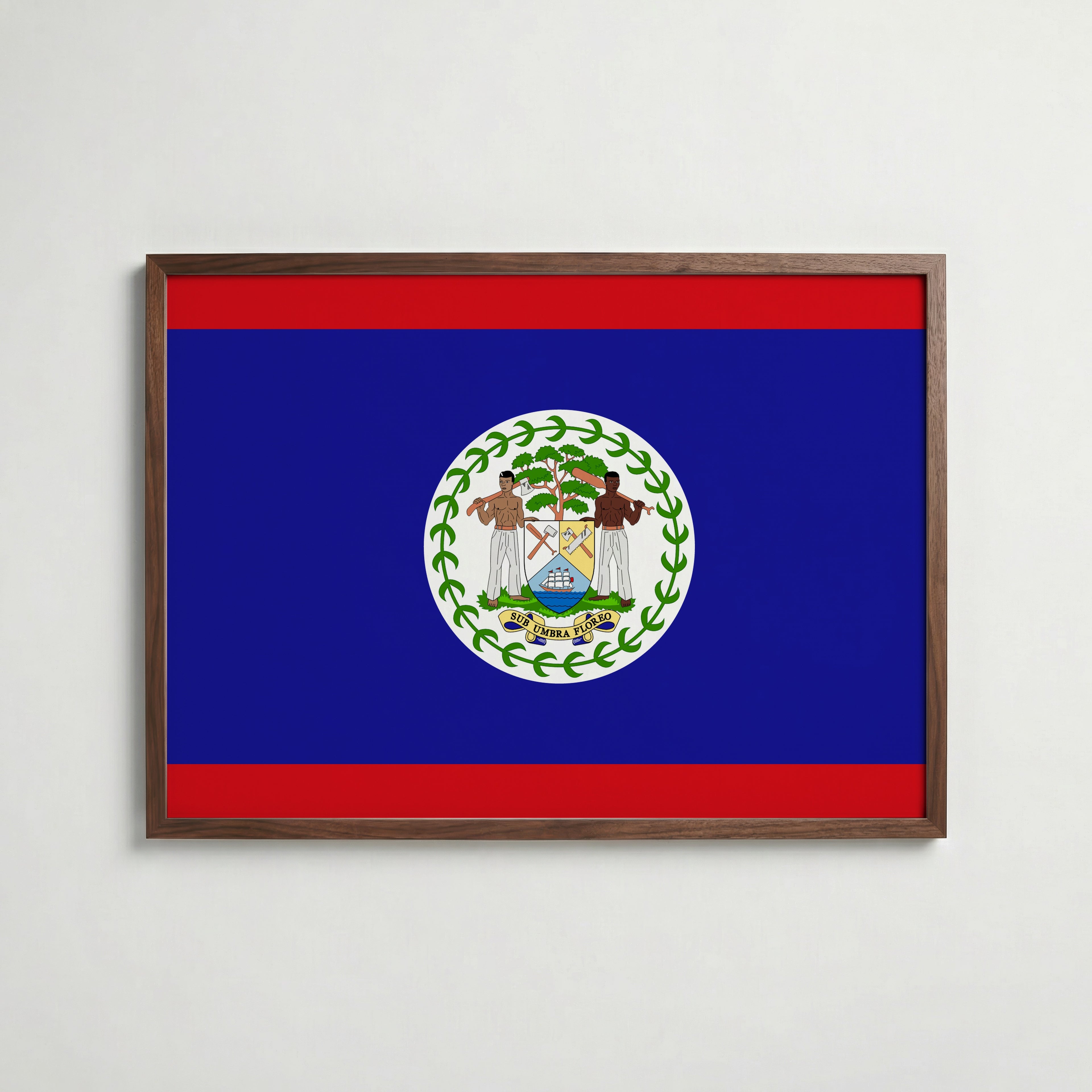 Belize National Flag Poster i valnötsram – varm konstaffisch för hemmet från Bozetto