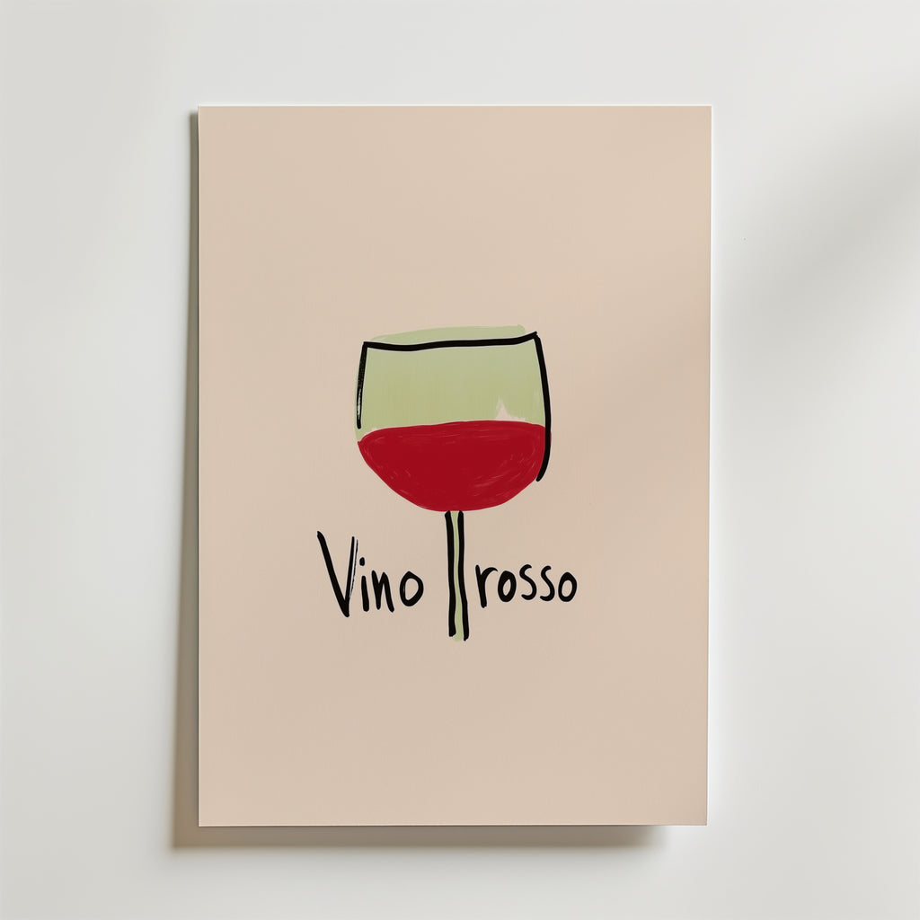 Bozetto Vino Rosso Poster föreställer ett handritat glas rött vin ovanför "Vino rosso" på premiumpapper - en minimalistisk och elegant inredningsdetalj för alla rum.