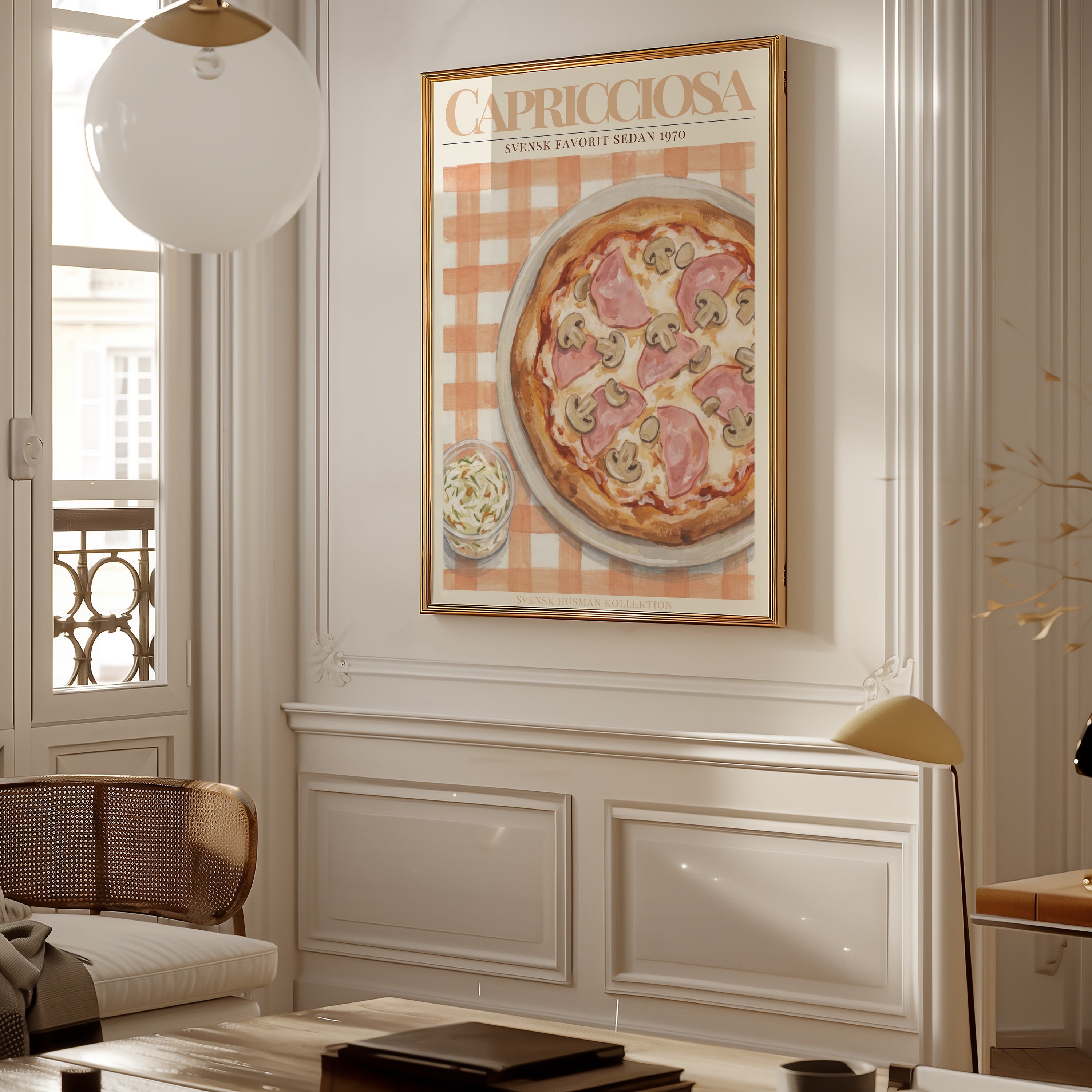 Capricciosa Pizza affisch i ljust minimalistiskt vardagsrum – köp enkelt hos Bozetto