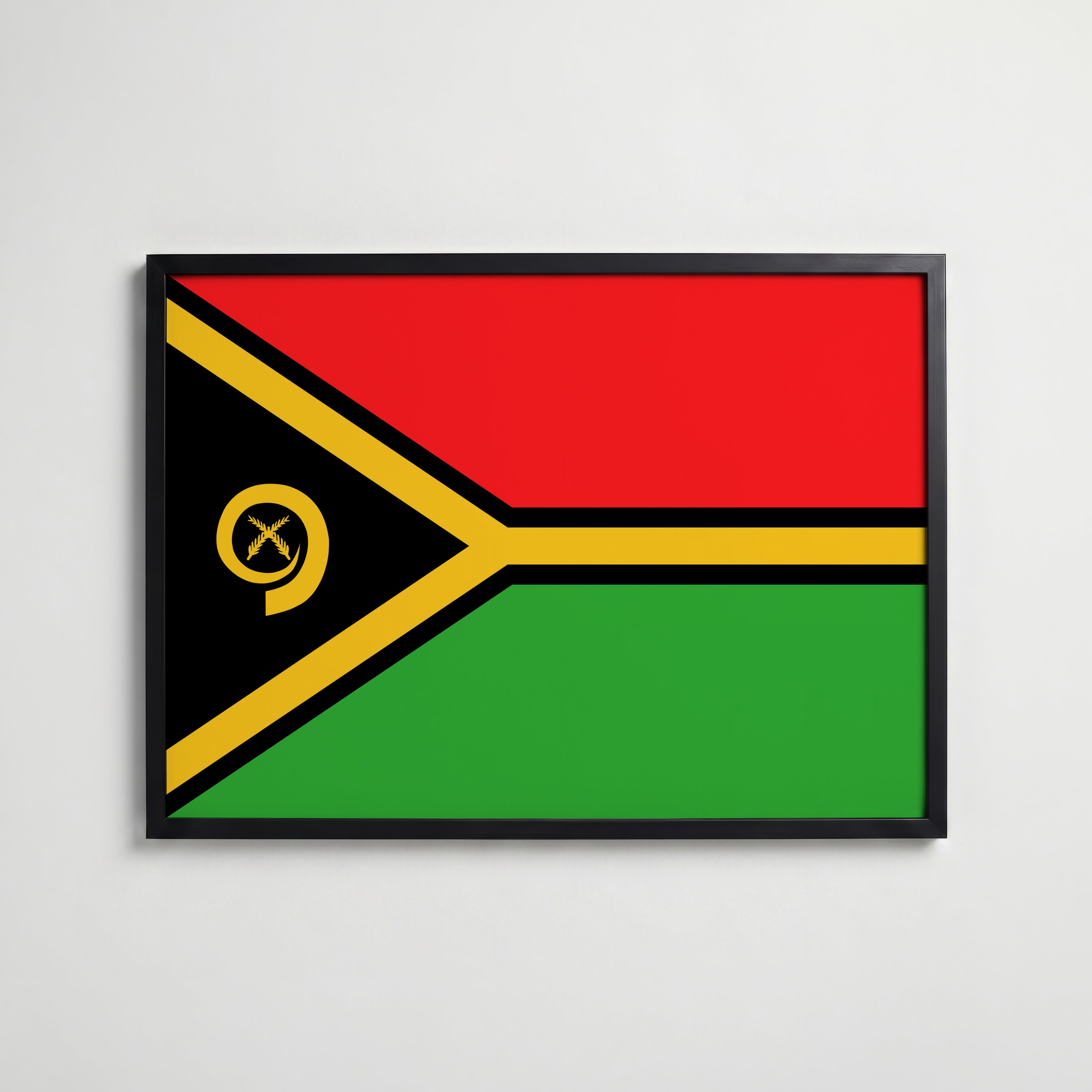 Vanuatu National Flag Poster i svart ram – stilren konsttryck som väggdekor från Bozetto