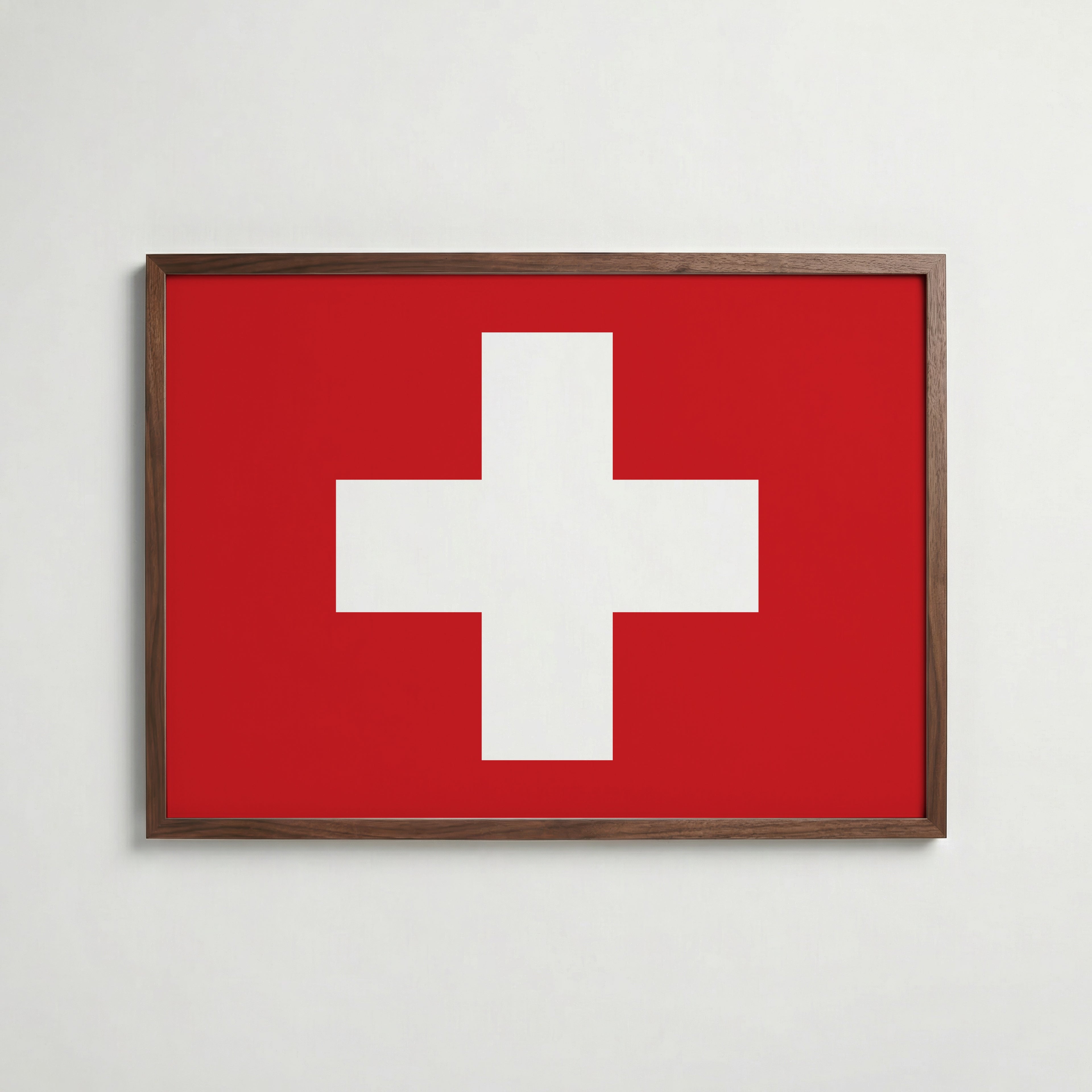 Switzerland National Flag Poster i valnötsram – varm konstaffisch för hemmet från Bozetto