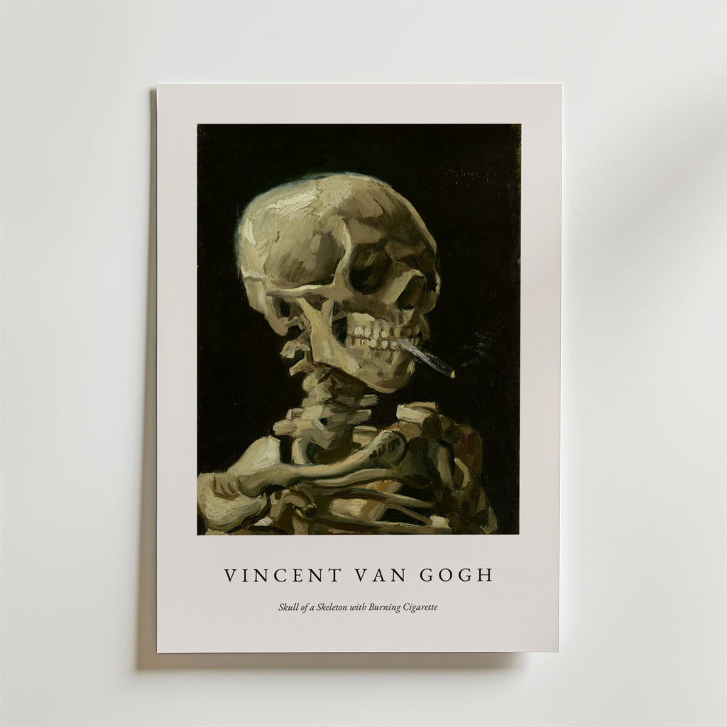 Van Gogh Skeleton With Burning Cigarette Poster – Upptäck den fängslande världen av konst med vår Van Gogh Skeleton With Burn