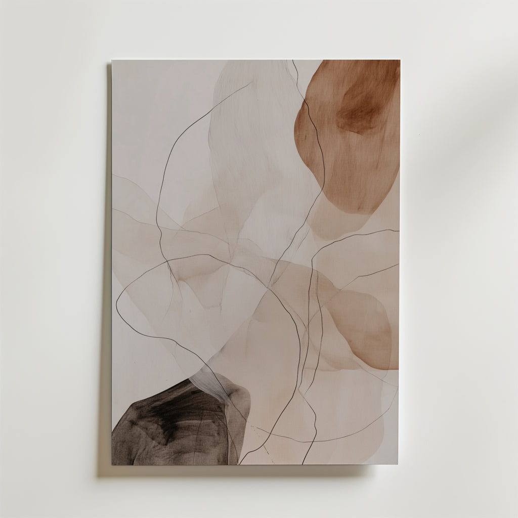 Whispering Shapes Poster från Bozetto: En minimalistisk och modern abstrakt konstposter med överlappande former i brunt, beige och svart, tryckt på FSC-certifierat premiumpapper med tunna svarta linjer mot vit bakgrund.