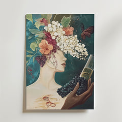Floral Art With Butterflies And Grapes Poster" av Bozetto föreställer en kvinna med blommor och blad över ögonen, som håller i champagne och druvor, fjärilar i närheten och en violin på halsen, på en blågrön FSC-certifierad premiumpapper.