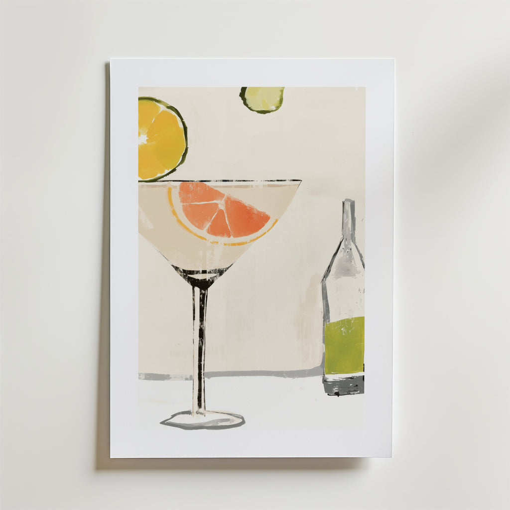 Bozetto Fresh Infusion Drink Poster visar ett minimalistiskt cocktailglas med grapefrukt, apelsinskivor, en limeklyfta och en grön vinflaska - modern konst på premiumpapper för snygg inredning.