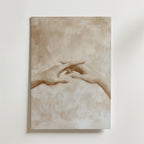 Bozetto Holding Hands Poster visar två händer som sträcker ut sig mot en mjuk, abstrakt sepiabakgrund, tryckt på premiumpapper - ett snyggt tillägg till elegant inredning.