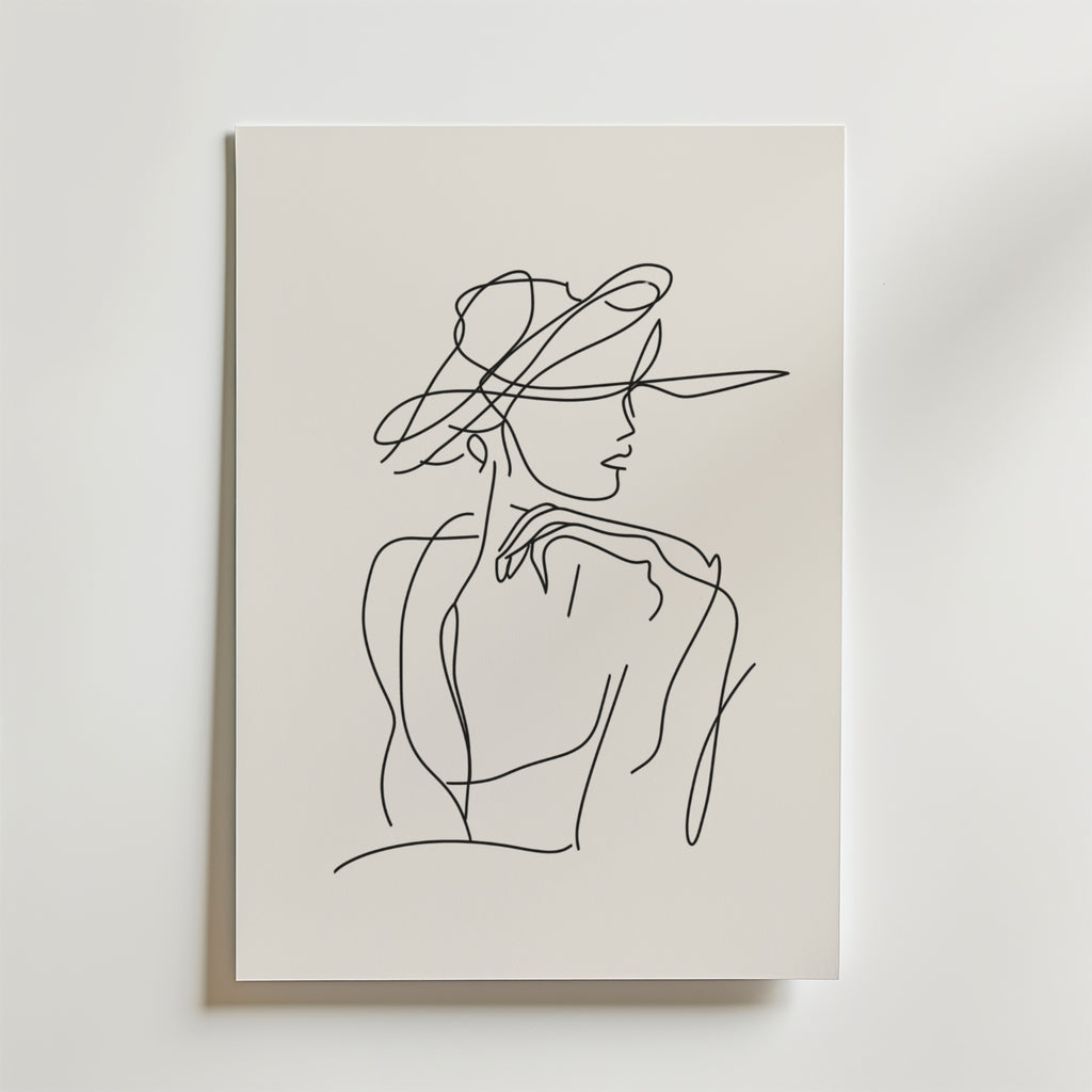 Bozetto Parisian Grace Poster har en minimalistisk linjeteckning av en kvinna med en bredbrättad hatt som utstrålar parisisk charm. Postern är tryckt på premiumpapper och avtecknar sig mot en krispigt vit bakgrund.