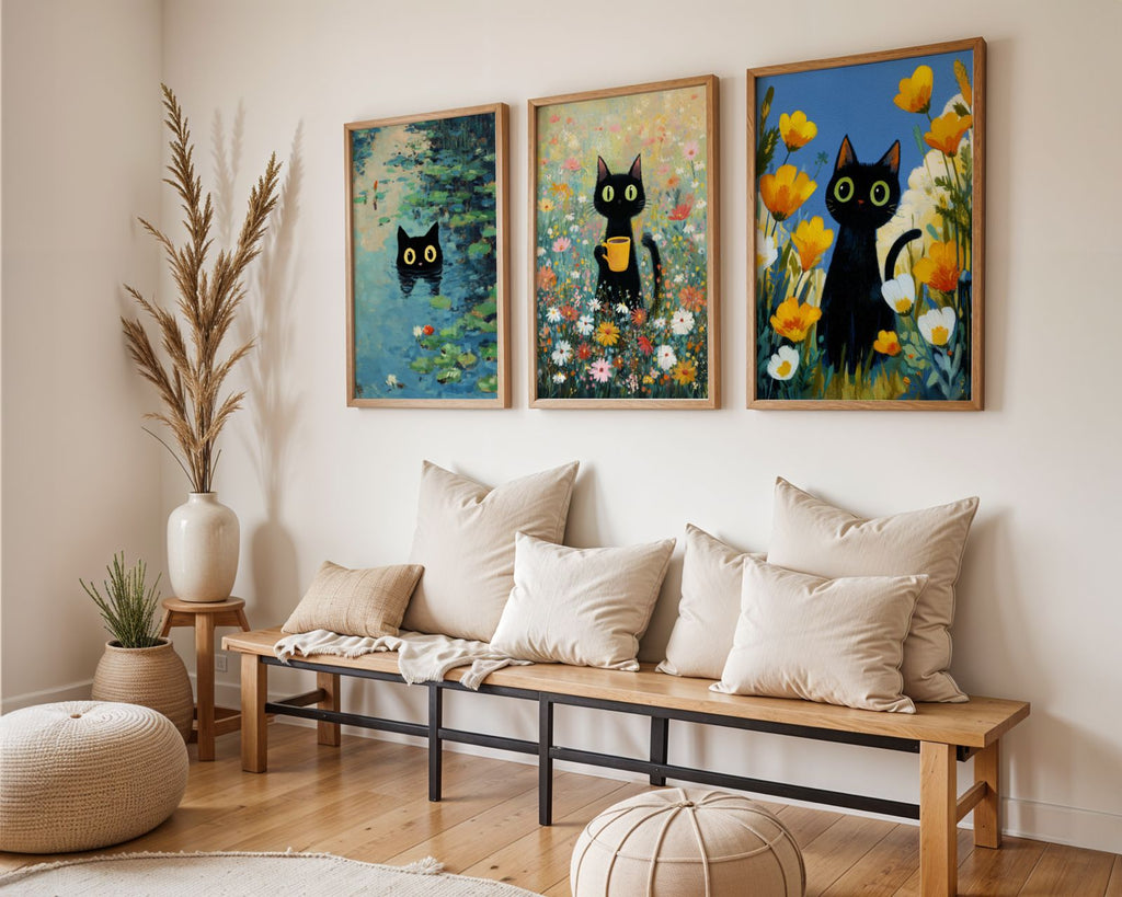 Bundle 3-pack Whimsical Cats – Tre lekfulla kattmotiv som tillsammans skapar en varm, fantasifull och färgstark känsla.