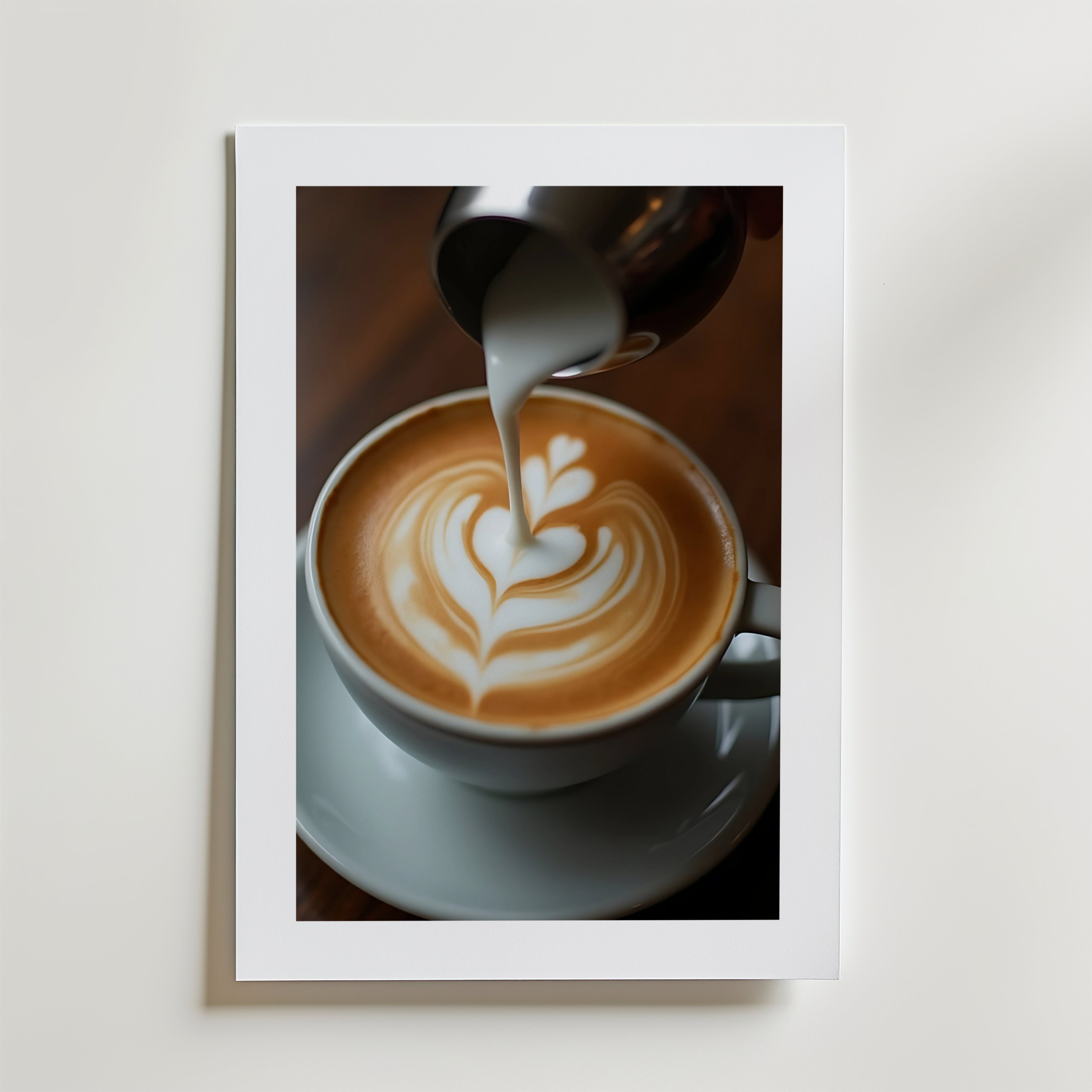 En närbild av kaffe med detaljerad lattekonst, tryckt på premium matt papper och inramad med en vit kant - Bozetto's Coffee Latte Love Poster är perfekt för alla minimalistiska rum.