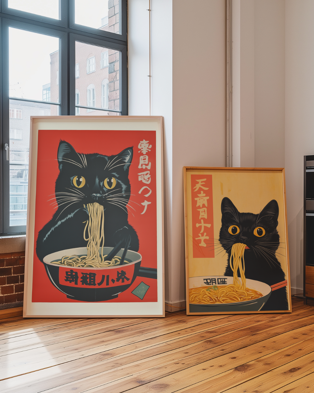 Bundle 2-pack Noodle Twins Duo – Det första motivet visar den svarta katten mot en kraftfull röd bakgrund där den njuter