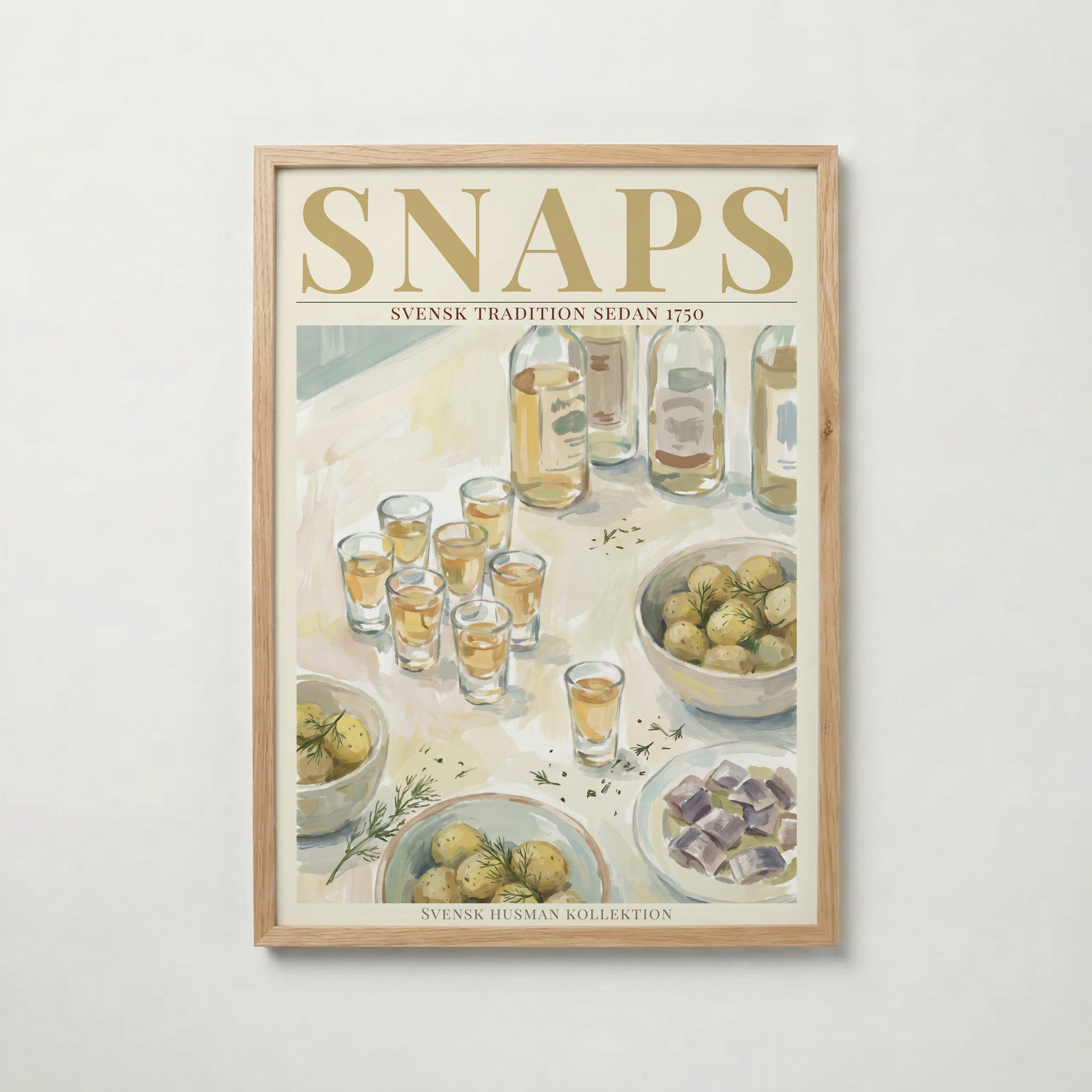 Snaps poster inramad i ljus ekram med naturligt träutseende – från Bozetto i hög tryckkvalitet