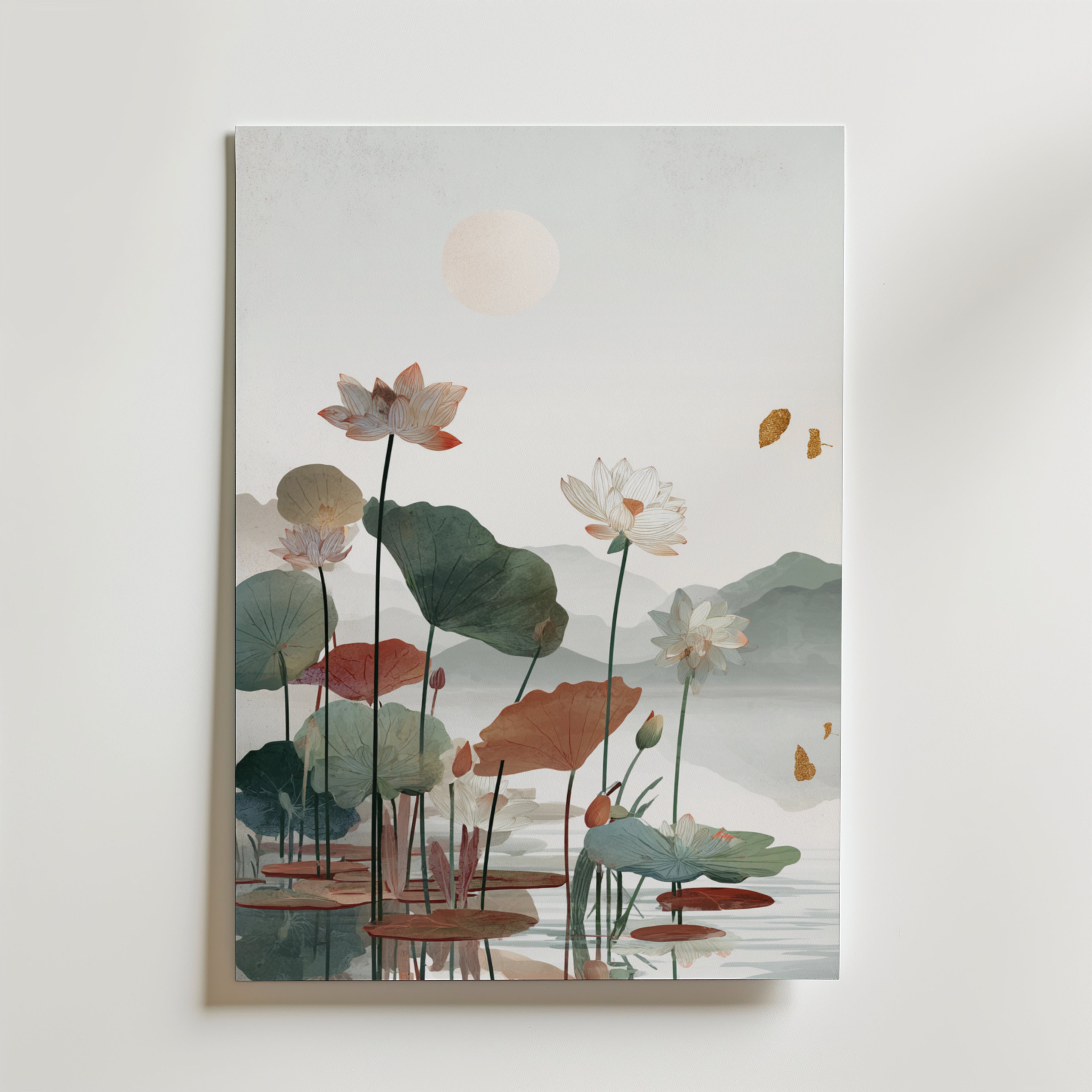 Misty Lotus Lake – stilfullt konsttryck från Bozetto, tryckt på matt finpapper i hög tryckkvalitet