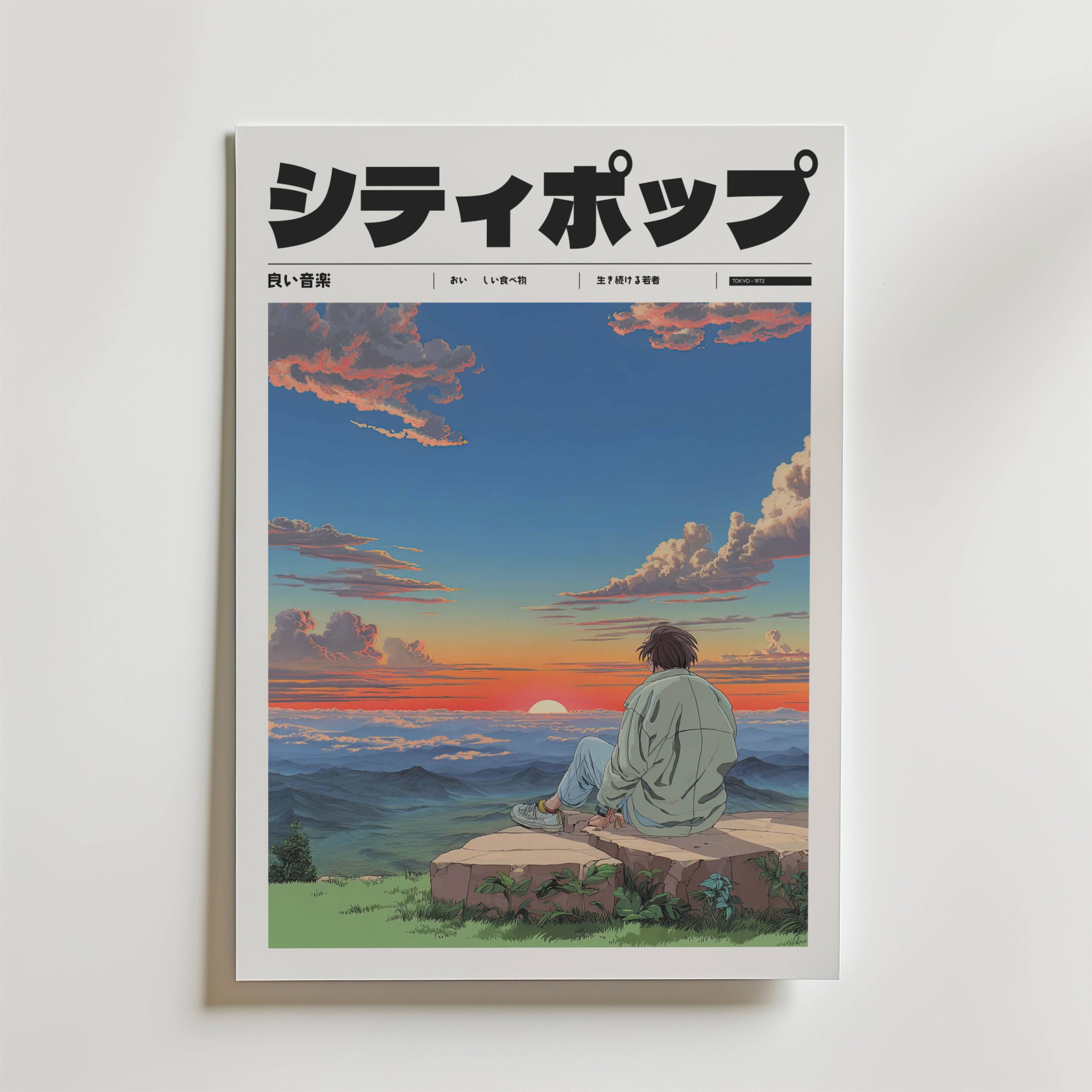 Afterglow Frequency Poster – Han sitter ensam vid världens kant och ser solen försvinna bakom bergen.