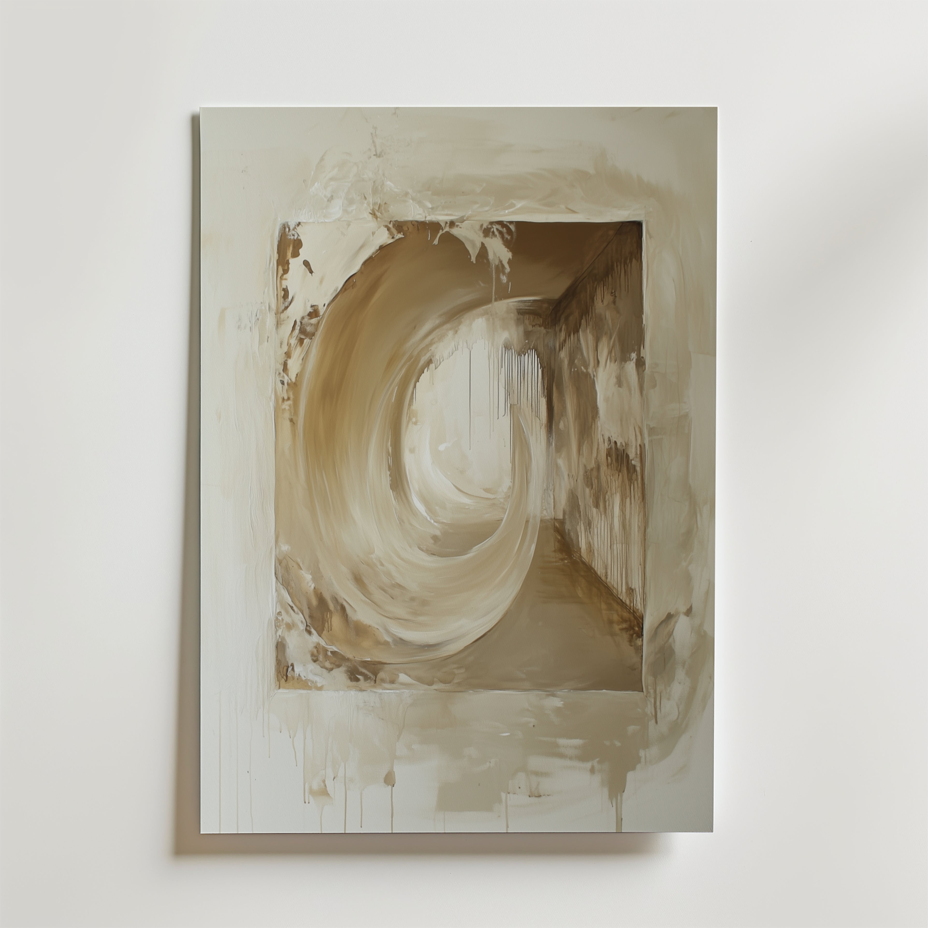 Abstract Passage Poster by Bozetto har abstrakta virvlar och geometriska former i beige och brunt, med cirkelrörelser som övergår i en rektangel, accentuerat av droppar och texturerade penseldrag på premiumpapper.