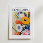 Bozetto "Courage in Bloom Matisse Poster" har djärva, färgglada abstrakta blommor på vitt FSC-certifierat premiumpapper med "Henri Matisse" upptill och "creativity takes courage." nedtill.