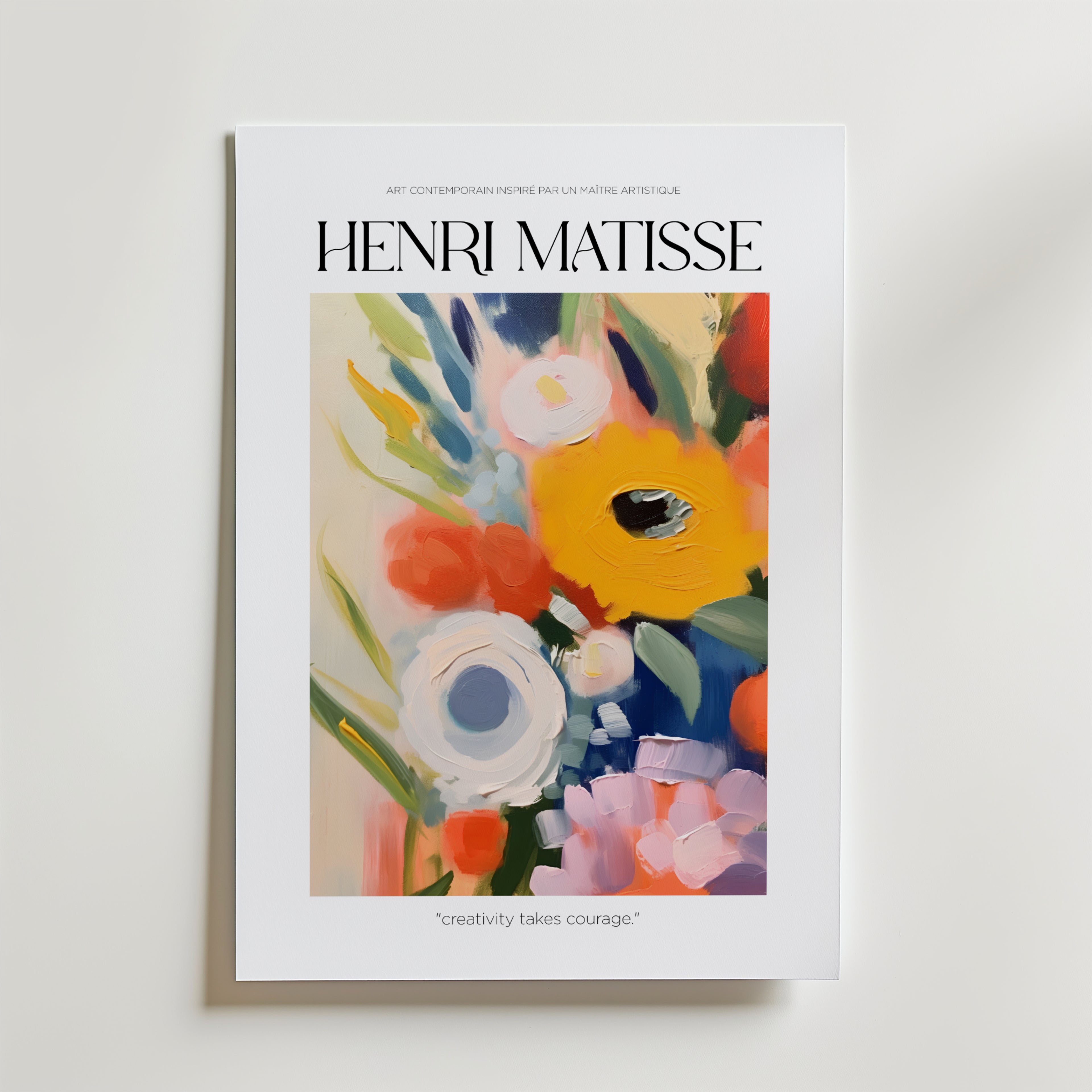 Bozetto "Courage in Bloom Matisse Poster" har djärva, färgglada abstrakta blommor på vitt FSC-certifierat premiumpapper med "Henri Matisse" upptill och "creativity takes courage." nedtill.