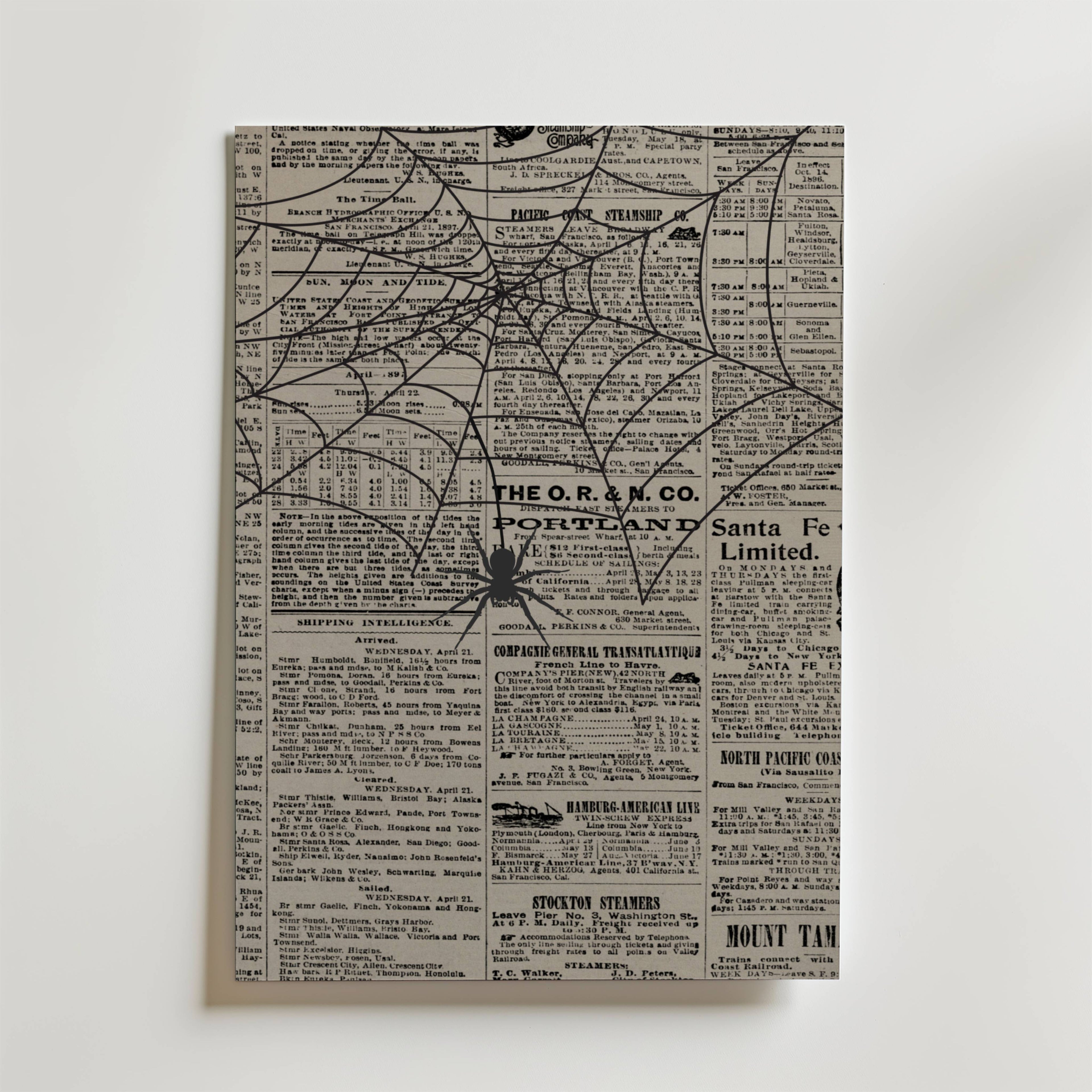 Web Of Stories Poster by Bozetto föreställer en svart spindel i mitten av ett stort illustrerat nät, båda överlagrade på vintage tidningstext för en mystisk effekt.