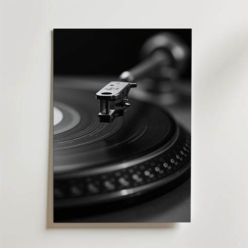 Bozetto Black And White Record Player Poster föreställer en svartvit närbild av en skivspelarnål på vinyl, tryckt på premiumpapper. Denna stilrena poster ger en tidlös touch till inredningen i alla rum.
