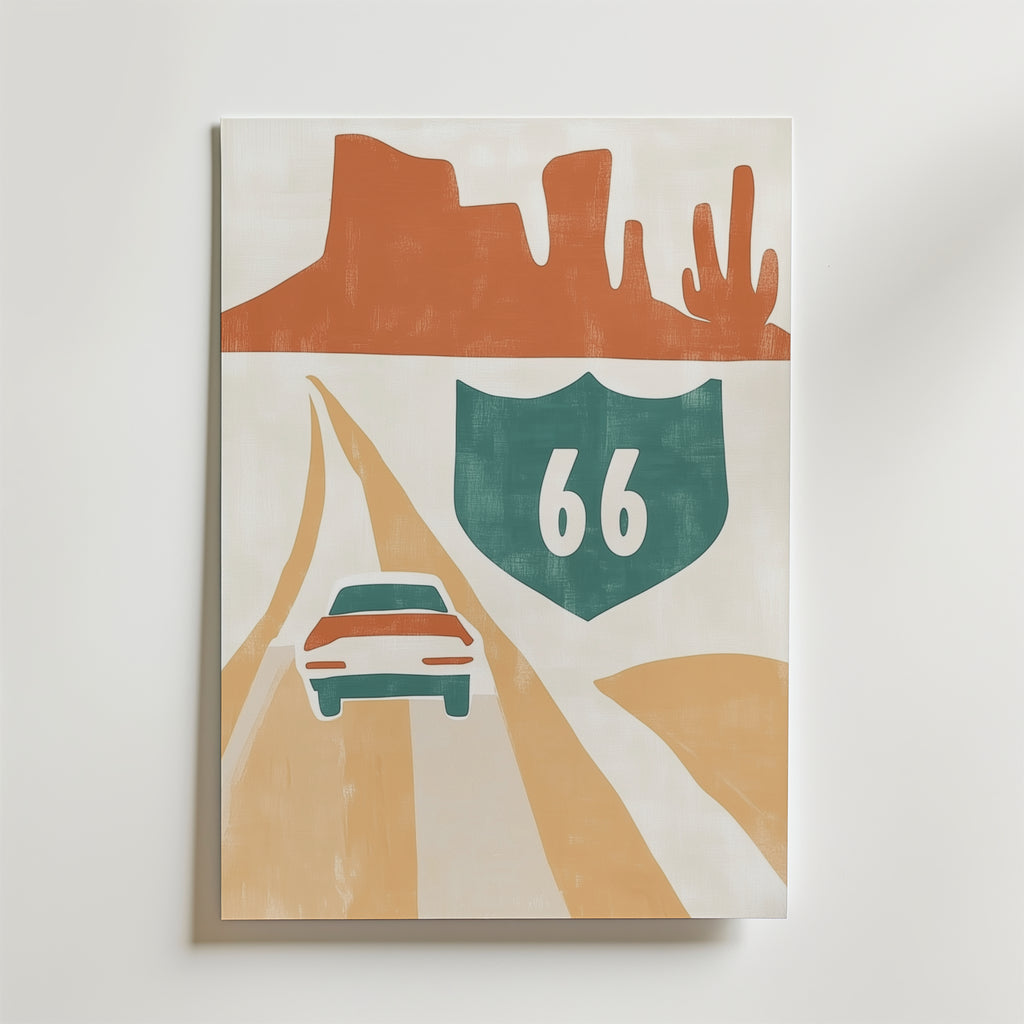 Minimalistisk Bozetto Will Rogers Highway Poster: bil som kör på en ökenväg mot en stor Route 66 skylt, med orangea klippformationer och kaktusar - tryckt på hållbart premiumpapper.