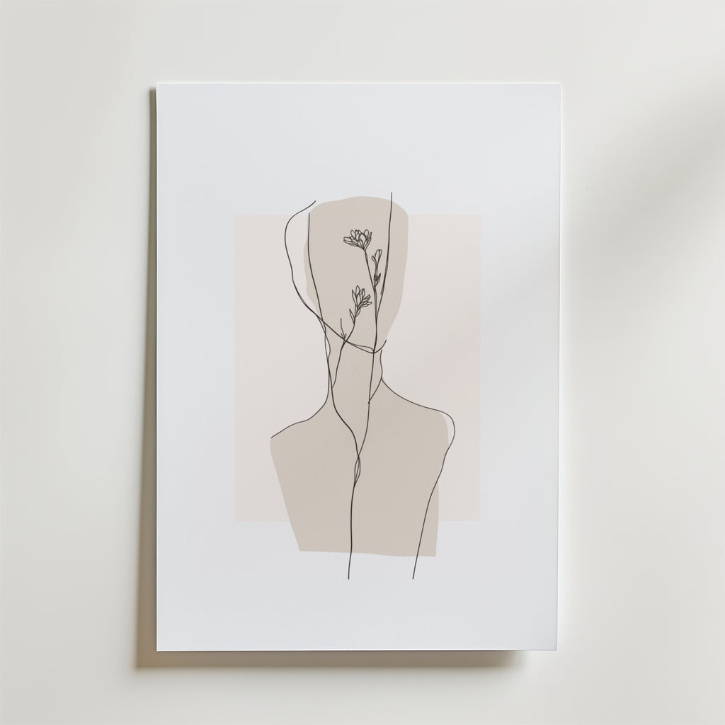 Minimalistisk linjeteckning av en människa med blommor i ansiktet på en vit bakgrund med beige accent-Inner Bloom Poster by Bozetto, tryckt på exklusivt premiumpapper.