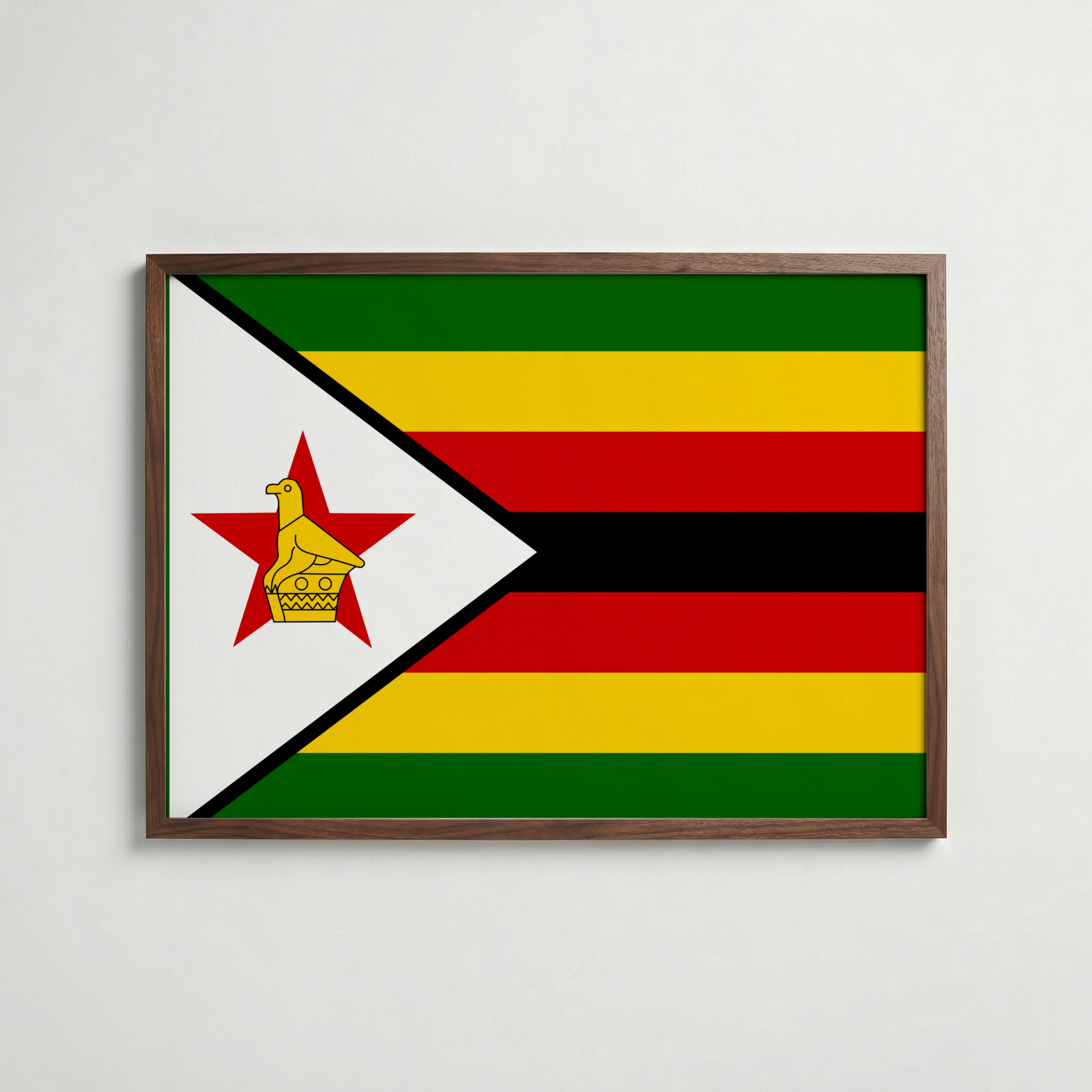 Zimbabwe National Flag Poster i valnötsram – varm konstaffisch för hemmet från Bozetto