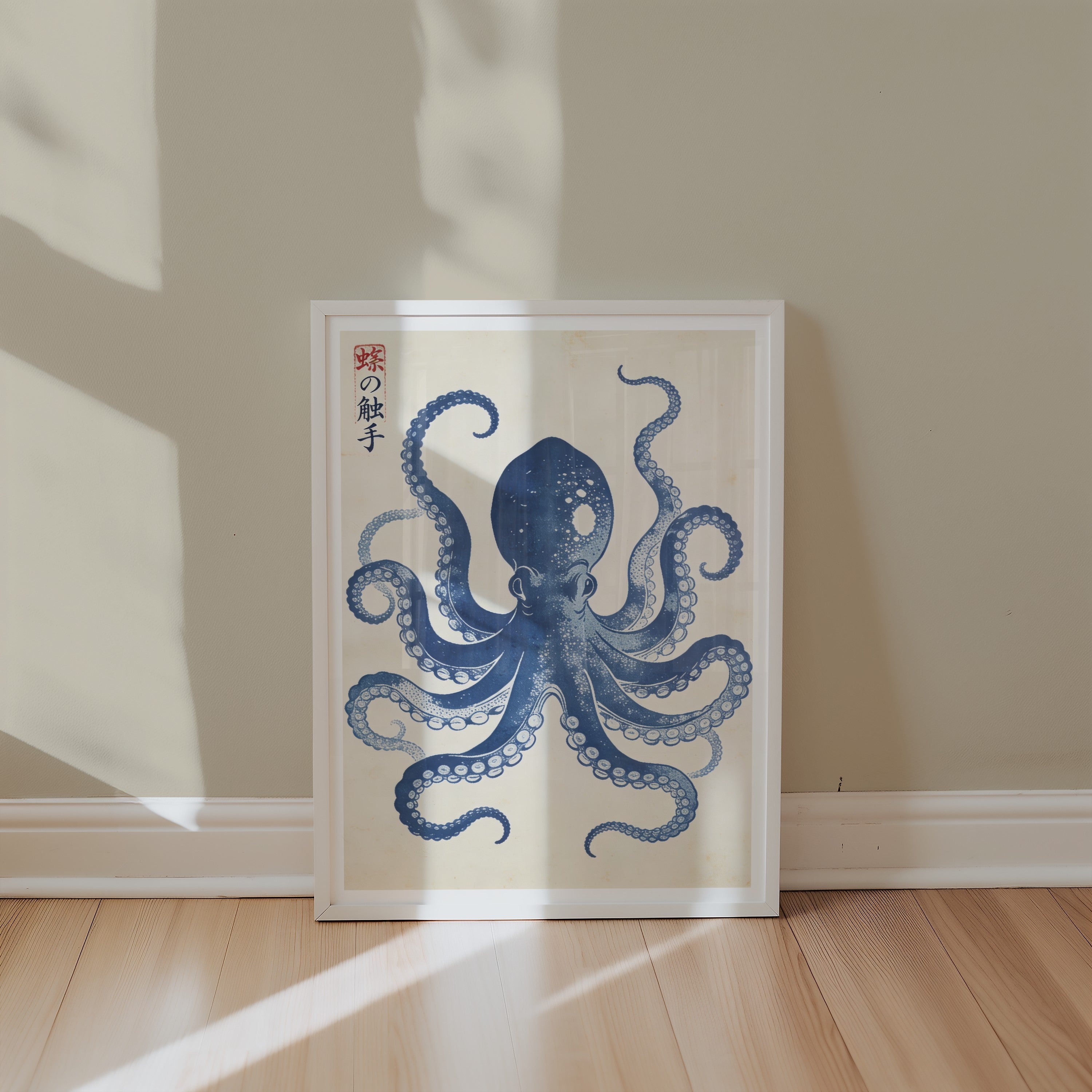 Mockup av Indigo Octopus affisch på vägg – köp enkelt hos Bozetto i hög kvalitet