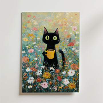 Morning Coffee Cat Poster – En charmig svart katt med stora gröna ögon står mitt i en blomstrande äng och håller en