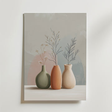 Soft Stillness Vases Poster – En lugn och harmonisk poster med tre organiskt formade vaser i mjuka jordnära toner.