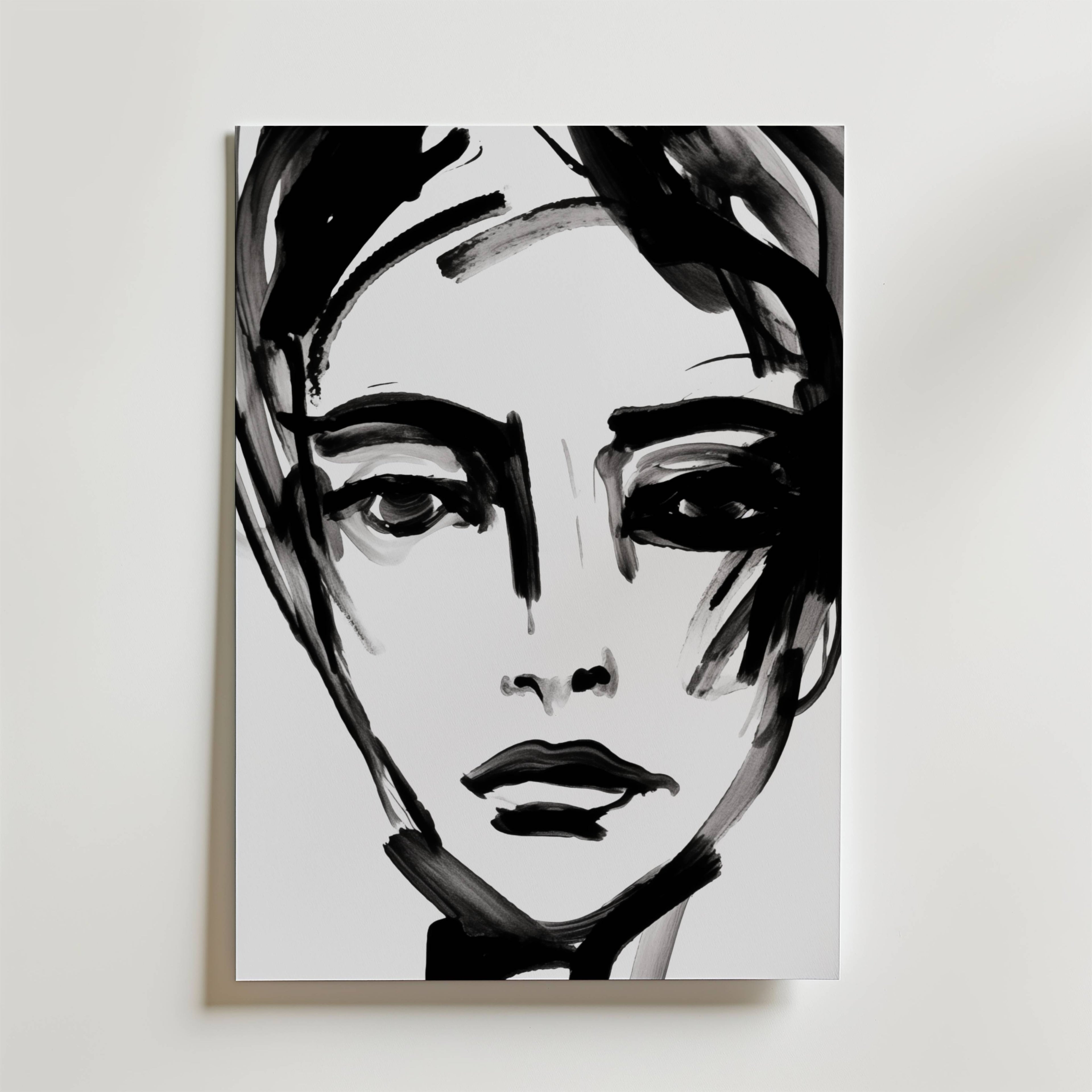 Silent Gaze Poster från Bozetto har ett minimalistiskt svartvitt porträtt av ett kvinnoansikte i djärva penseldrag med uttrycksfulla abstrakta detaljer - perfekt som modern väggkonst för alla rum.