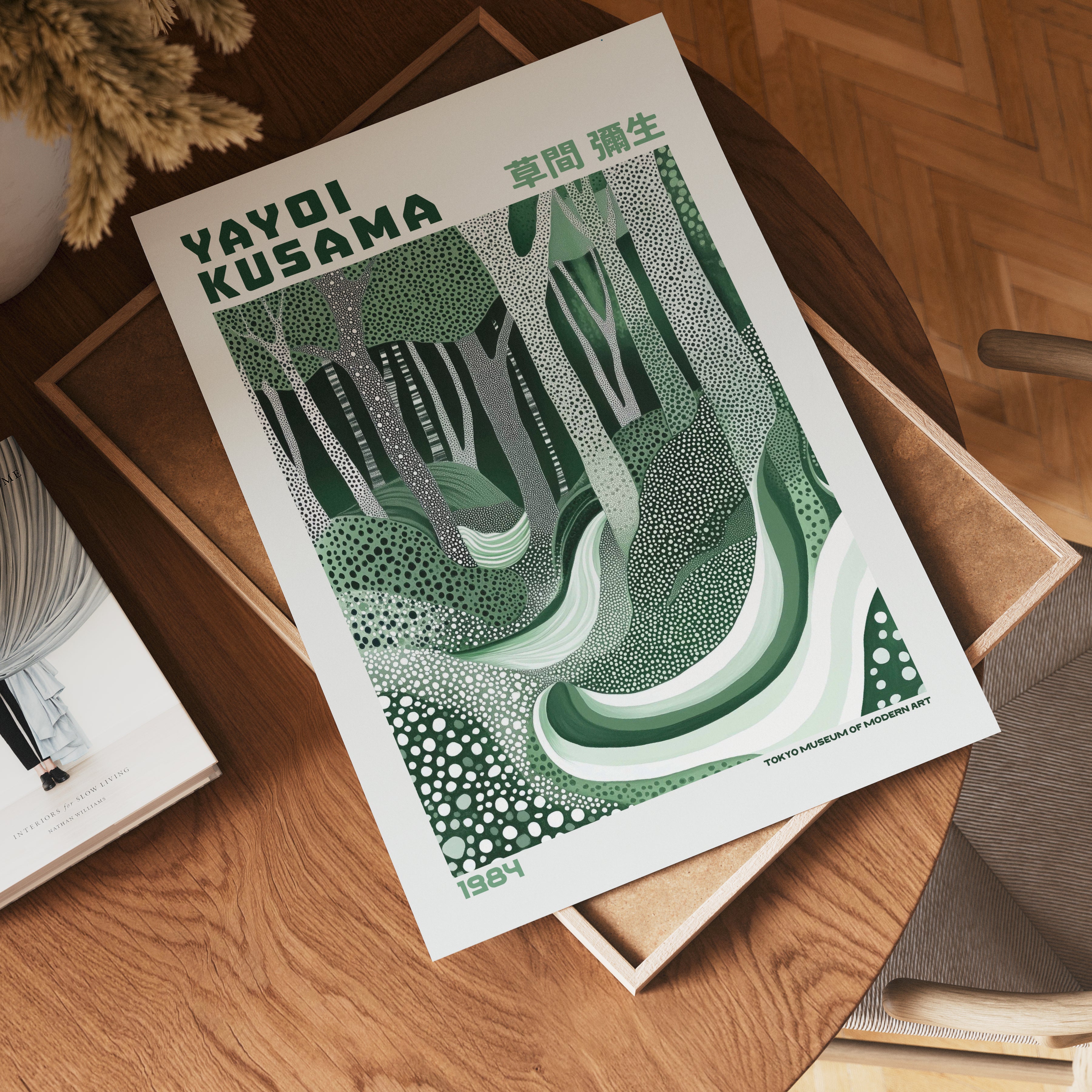Väggmockup med Yayoi Kusama Forest of – köp enkelt hos Bozetto affisch i hög kvalitet