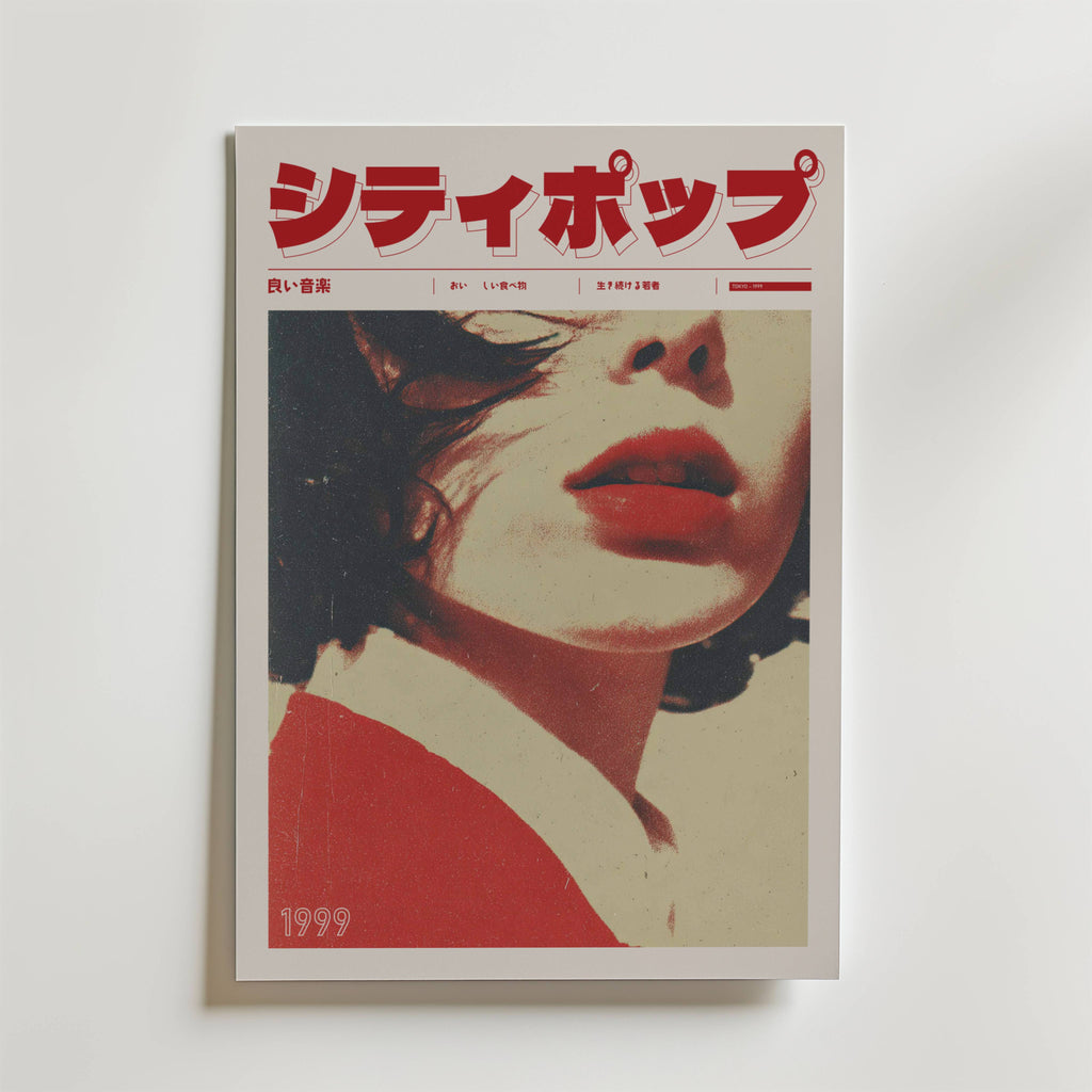 Bozetto Tokyo Afterimage Poster har fet röd japansk text upptill och en stiliserad närbild av ett kvinnoansikte med röda läppar och mörkt hår, med "1999" längst ner till vänster - perfekt som en elegant poster eller nostalgisk inredning.
