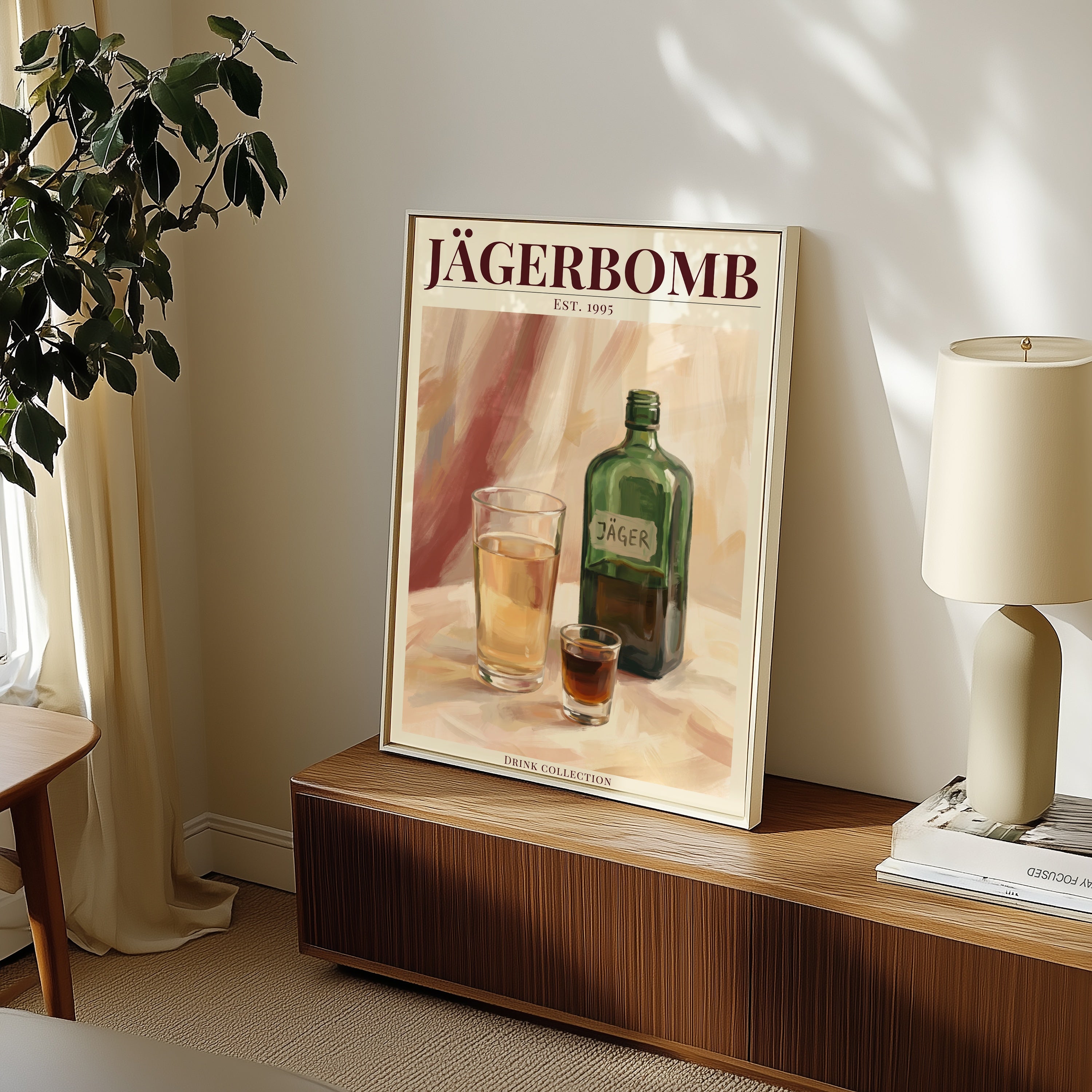 Jägerbomb affisch i minimalistiskt sovrum – köp enkelt hos Bozetto i hög kvalitet