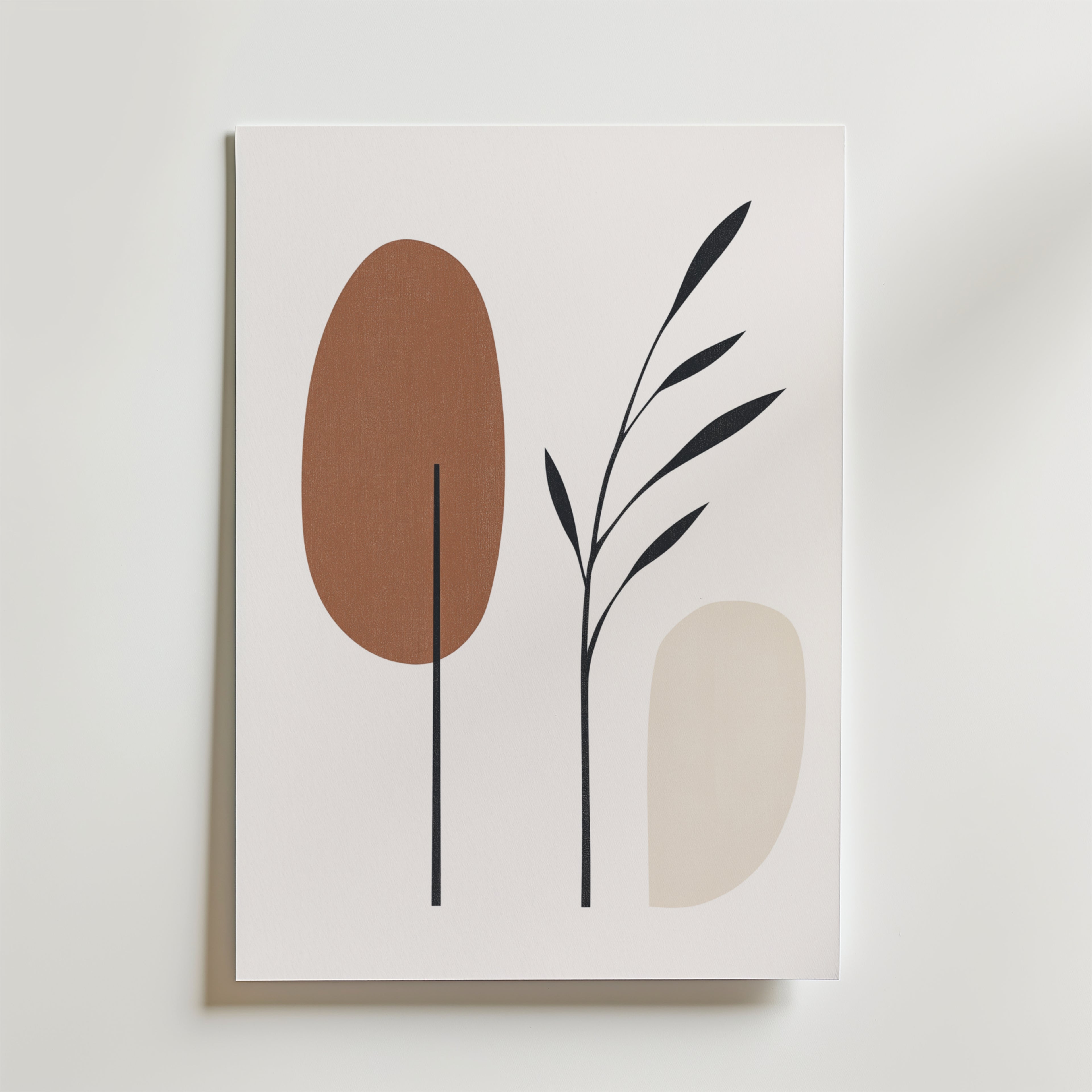 Postern Natural Balance Poster by Bozetto har minimalistisk konst med två abstrakta trädformer - en brun och en beige - samt en enkel svart gren med blad, mot en ljus bakgrund och tryckt på premiumpapper för en raffinerad finish.