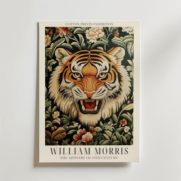 Tiger Bloom William Morris Poster – En kraftfull tiger blickar fram ur ett hav av dekorativa blommor i denna unika tolkning