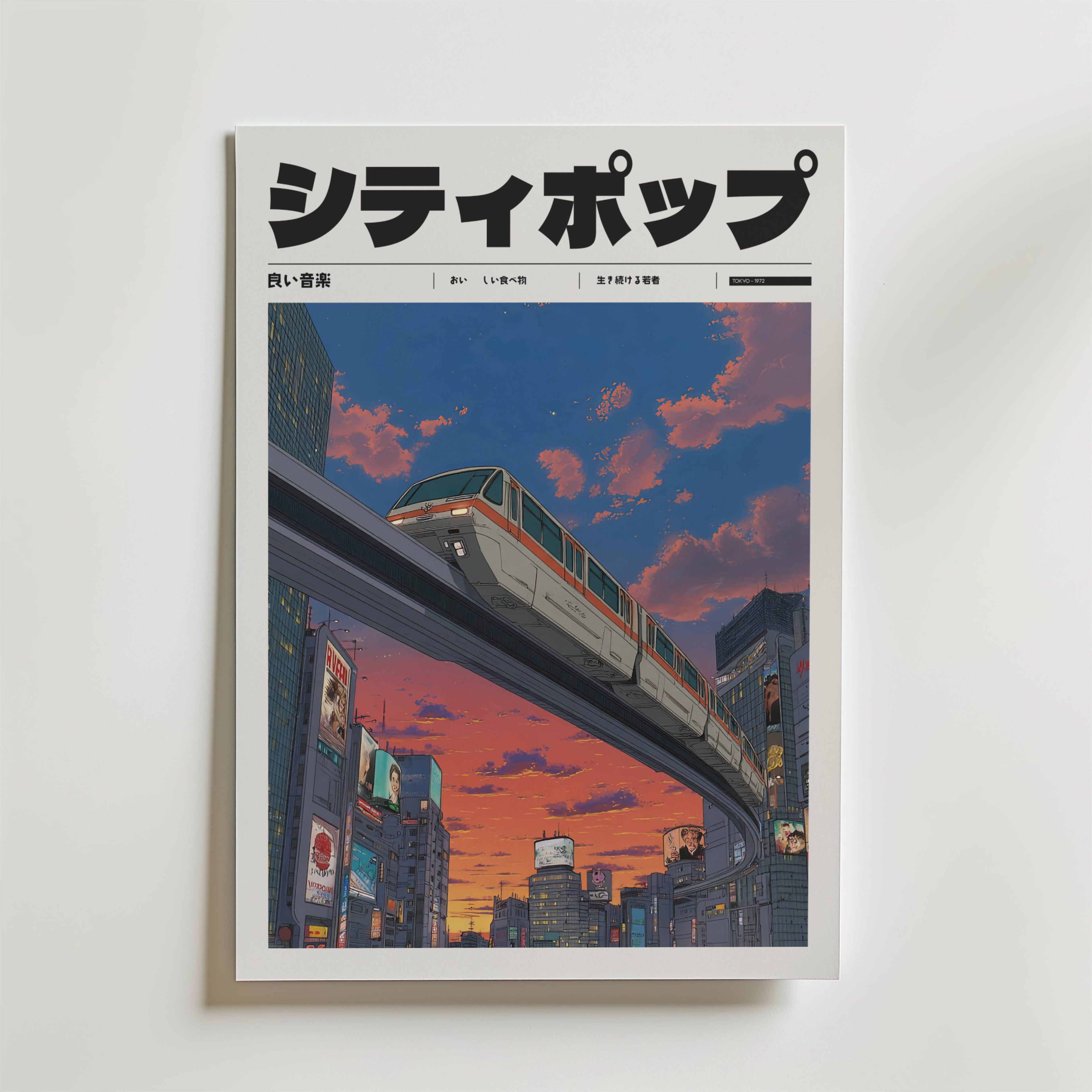 Bozetto Tokyo Dusk Train Poster visar ett futuristiskt tåg som glider över en neonupplyst stad i solnedgången, med japansk text och livfulla färger - en urban, skymningsscen inspirerad av Tokyos dynamiska skyline.
